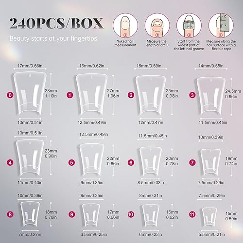 Vista 6 de krofaue Duck Nail Tips - 240pcs Clear Soft Gel Curved Nail Tips 12 Sizes Crystal Duck Feet Style Half Cover False Nails Extra Wide French Nails with