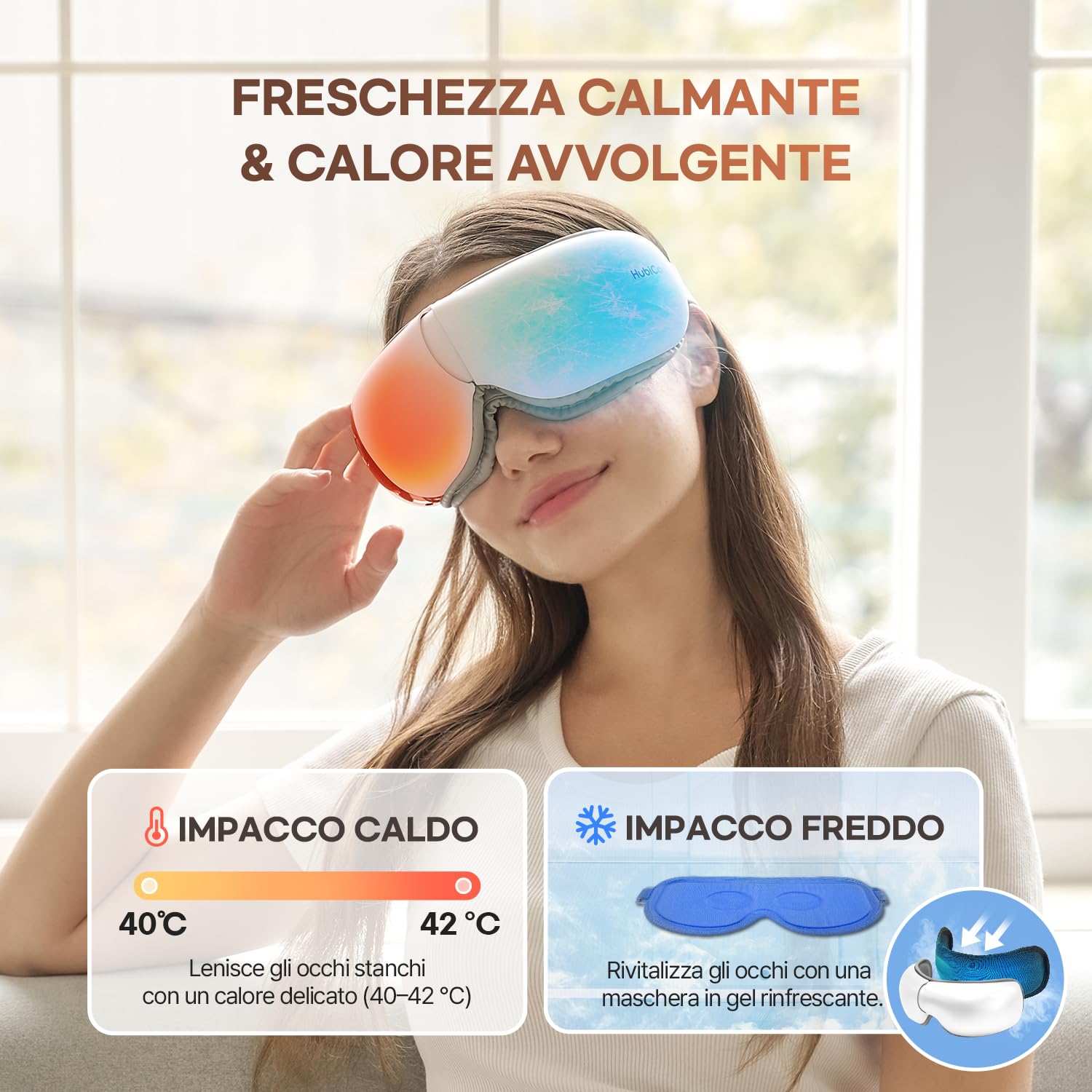 HubiCare - Massaggiatore per occhi con funzionamento silenzioso, calore e raffreddamento, cuscinetti in gel doppi per un maggiore comfort, vibrazioni airbag e musica Bluetooth per occhi secchi