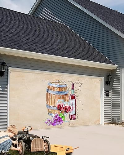 Miniatura 4 de Summer Autumn Red Wine Garage Door Decorations, Farmhouse Wooden Barrel Garage Door Banner Cover with Grommets, Garage Door Mural Backdrop