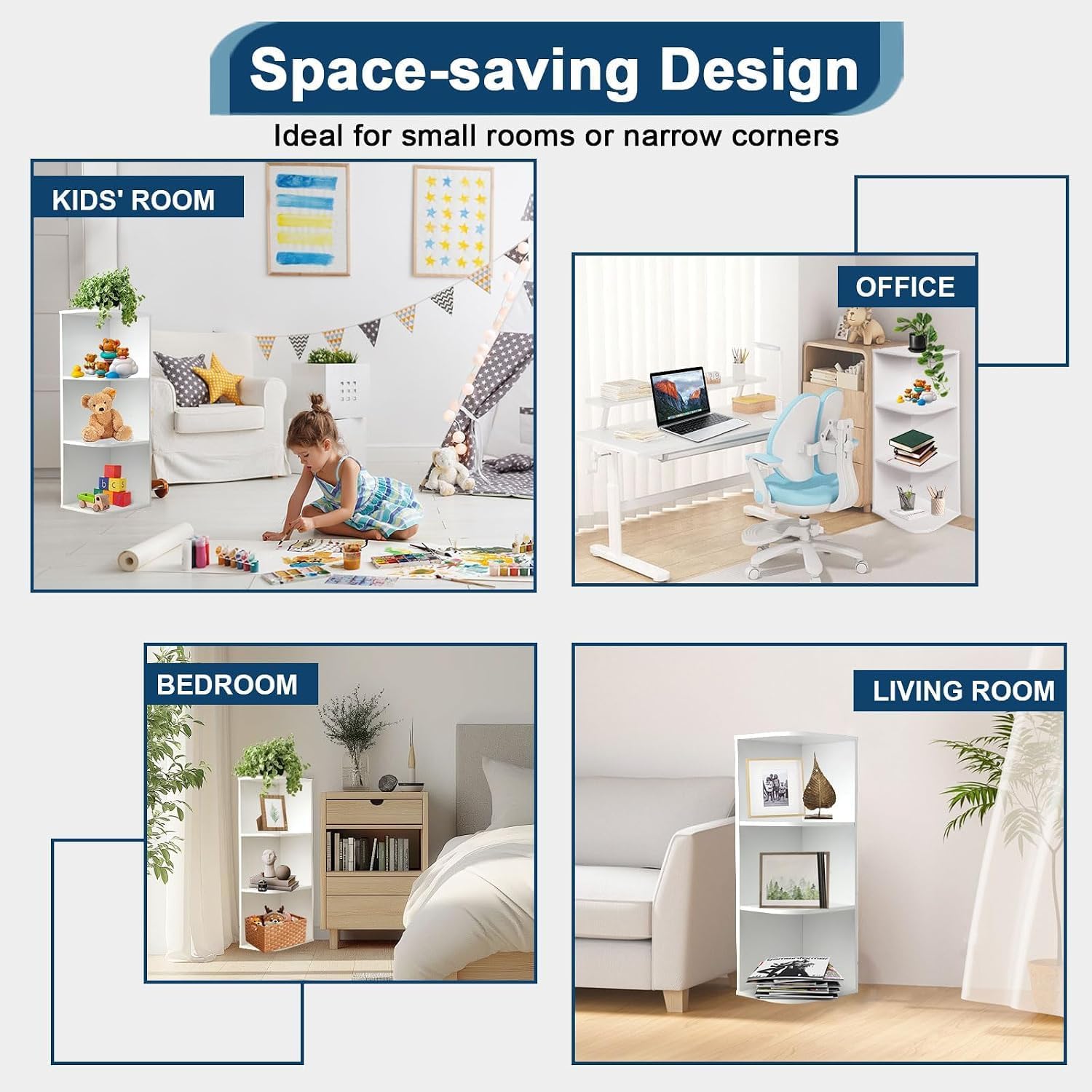 Whitmor 3 Tier Corner Open Shelf, 3 Cube Display Corner Bookshelf, Open Storage Display Bookcase, Storage Cabinet for Living Room, Bedroom, Home, Office, 9.3" L x 12" W x 31.5" H, White image 4