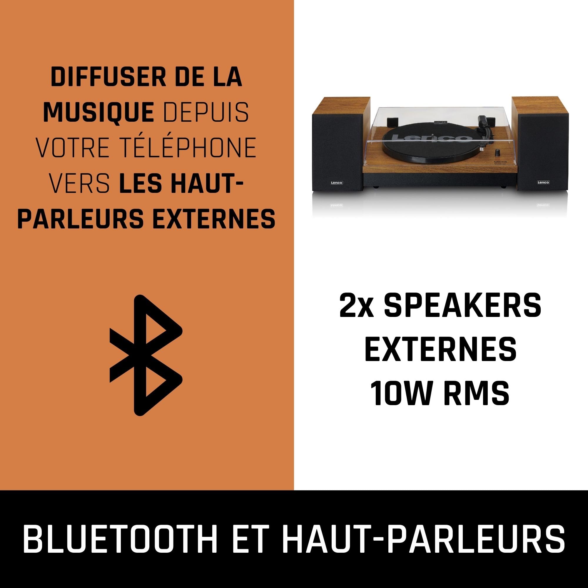 Lenco Tourne-disque LS-310 - Tourne-disque Bluetooth - 33 et 45 tr/min - Entraînement par courroie - Haut-parleurs externes 2 x 10 W RMS - Aiguille Audio Technica - RCA Out - Marron