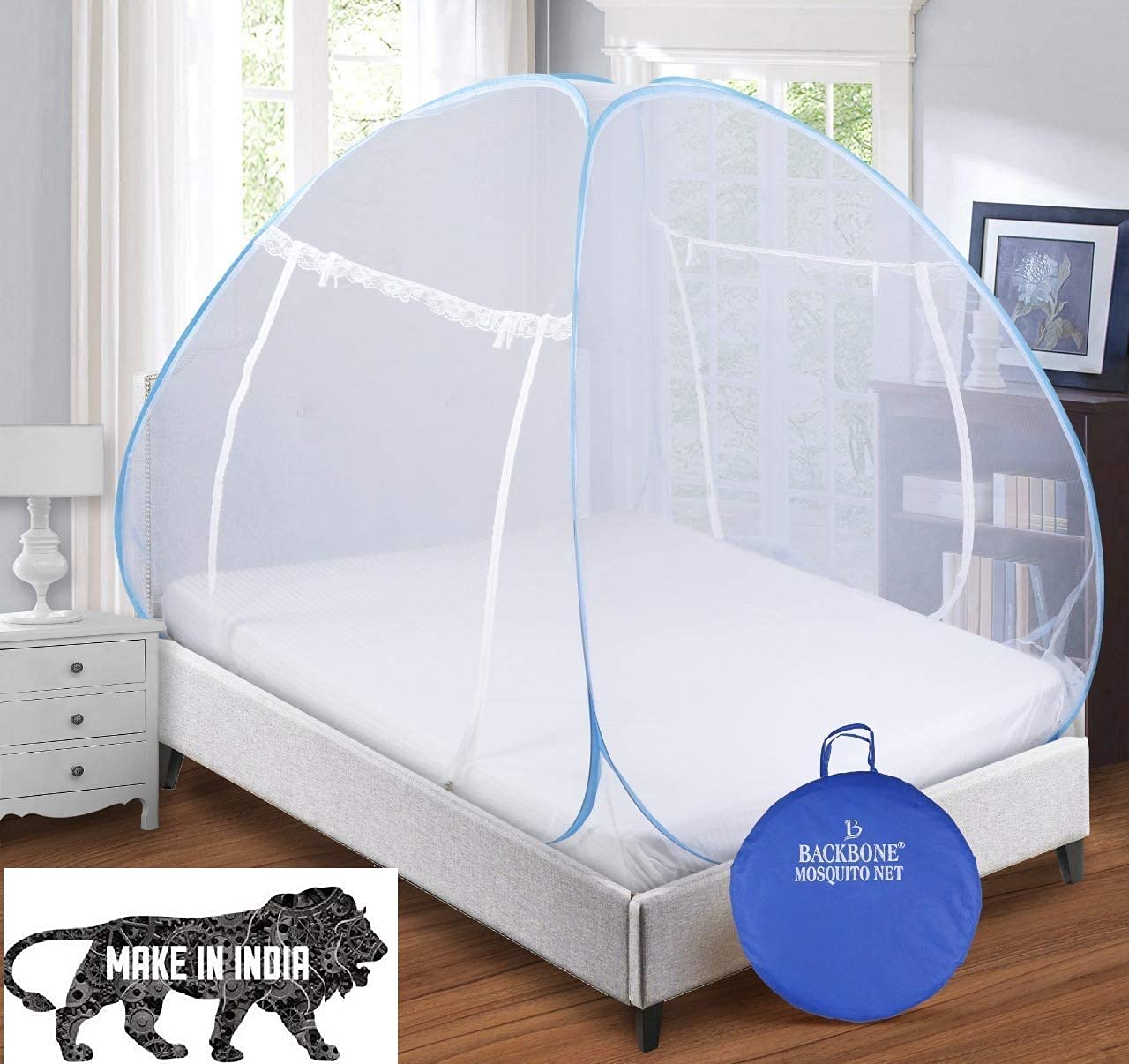 Backbone Mosquito Net, Polyester Foldable King Size Bed,Double Bed,Queen Size Bed with Free Saviours(Suitable for 6ft x 6ft to 6.9ft x 6.9ft) |PVC Coated Corrosion Resistant Steel Wire| - Blue-White