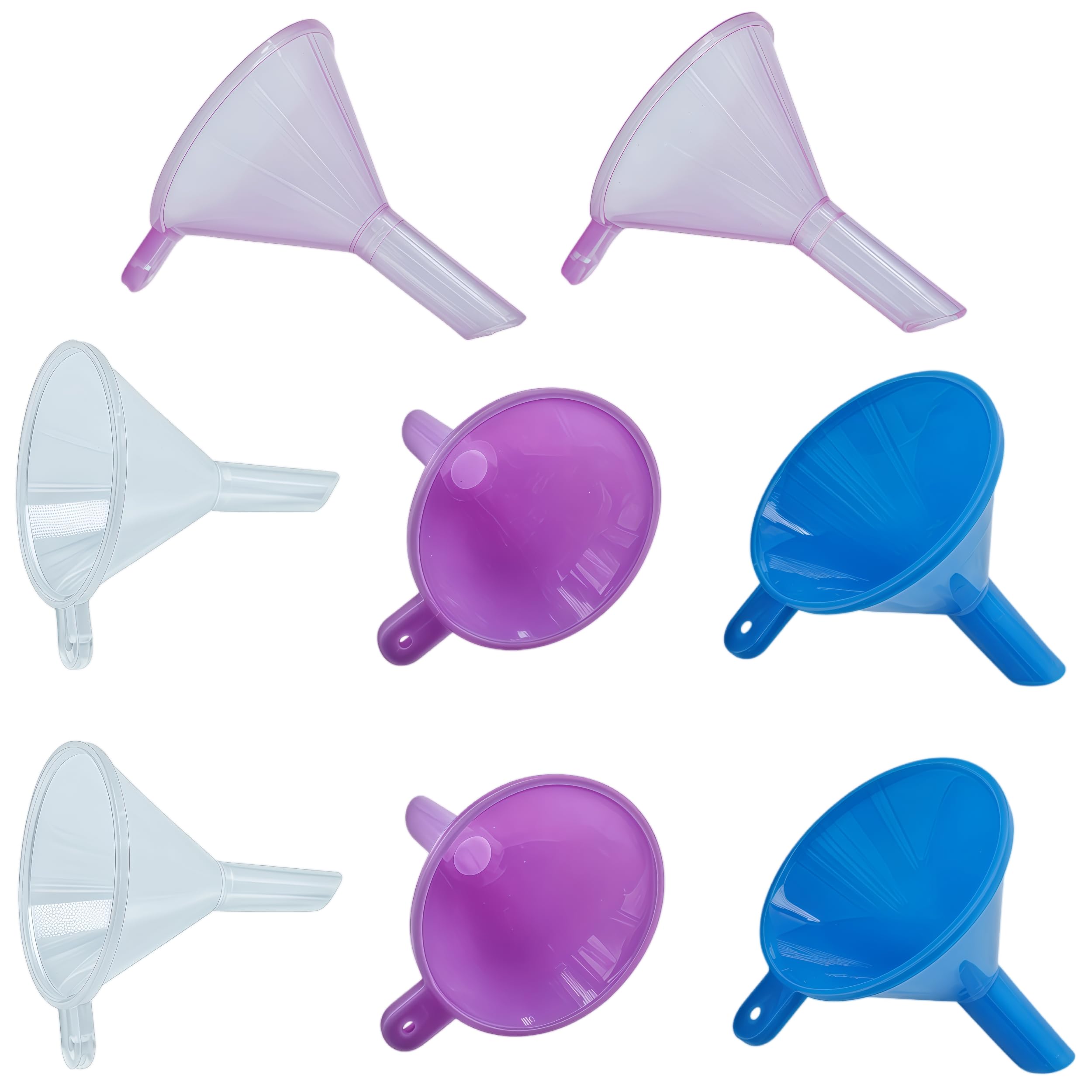 Mini Funnels 8-Pack with Spoon | Small Funnel Set for Filling Tiny Bottles, Essential Oils, Powder, Spices, Glitter | Food-Grade Plastic, Multicolor (Pink, Blue, Clear) for Crafts & Perfume