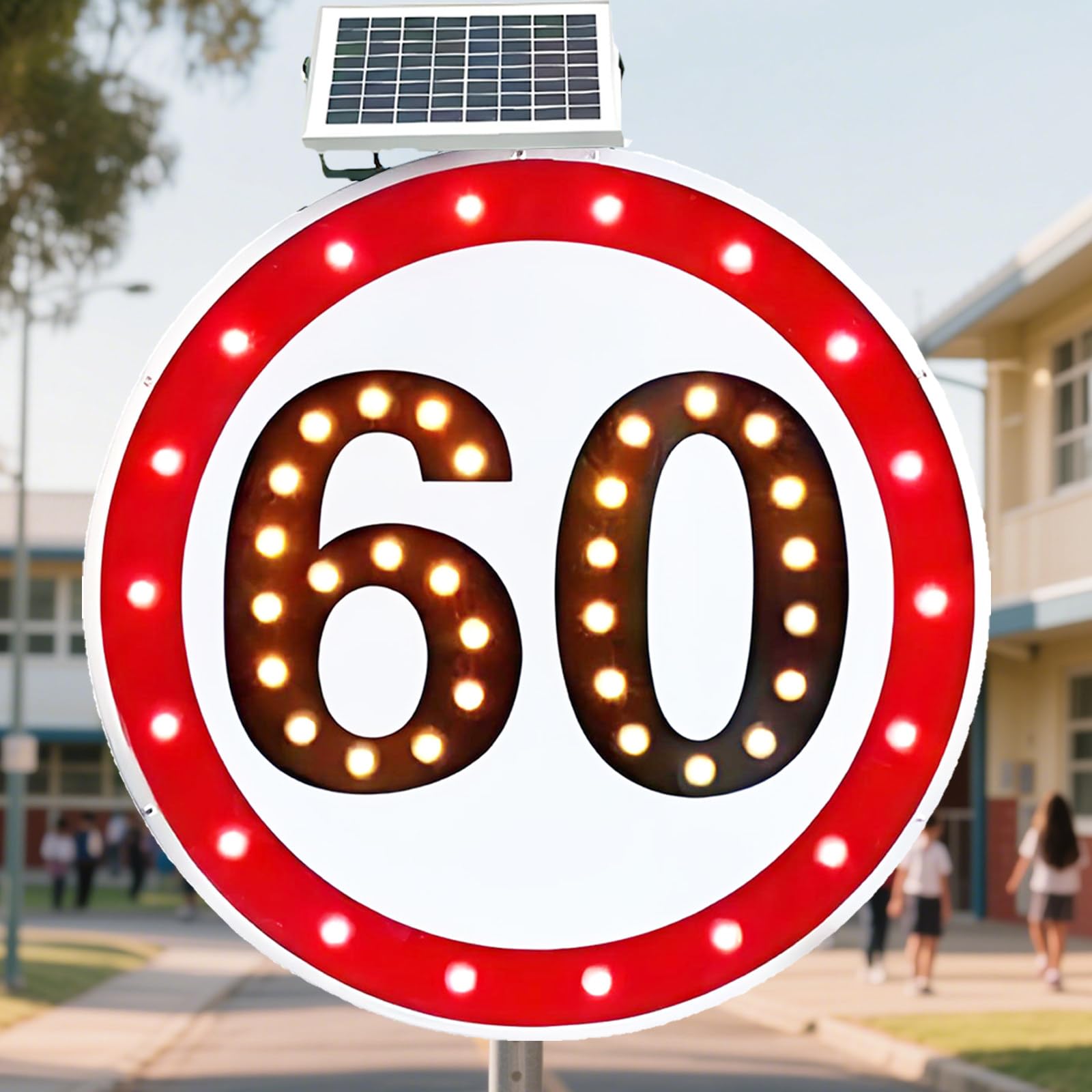 Señal LED de límite de velocidad, pantalla de retroalimentación de tráfico alimentada por energía solar, señal de advertencia de radar de 600 mm para mejorar la seguridad vial y la regulación de