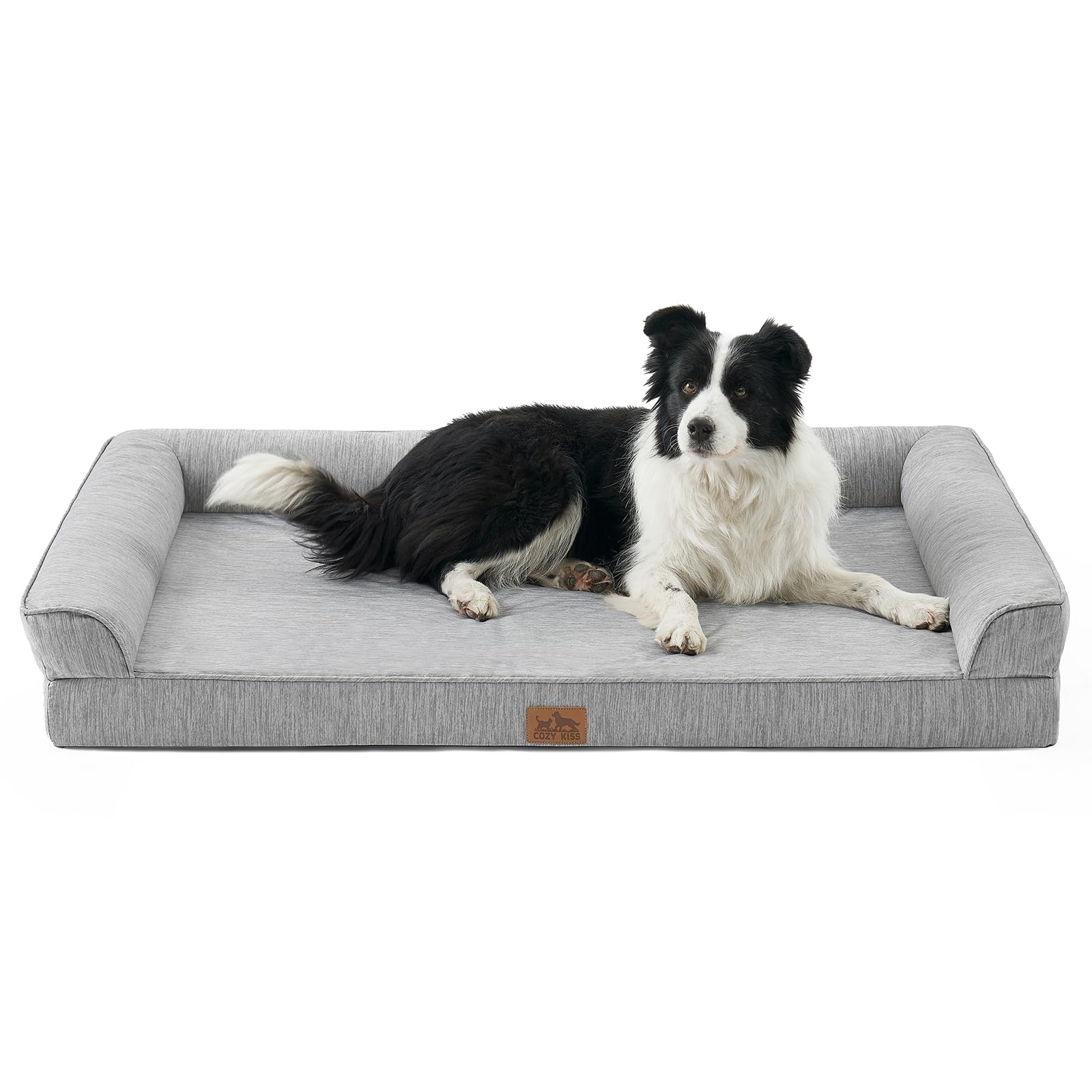 COZY KISS Letto Ortopedico e Lavabile per Cani di Taglia Gigante, 122x81x19 cm, Rivestimento Rimovibile, Fianchi Impermeabili e Base Antiscivolo - Divano Doudou Comodo per Cani, Grigio Argento, XXL