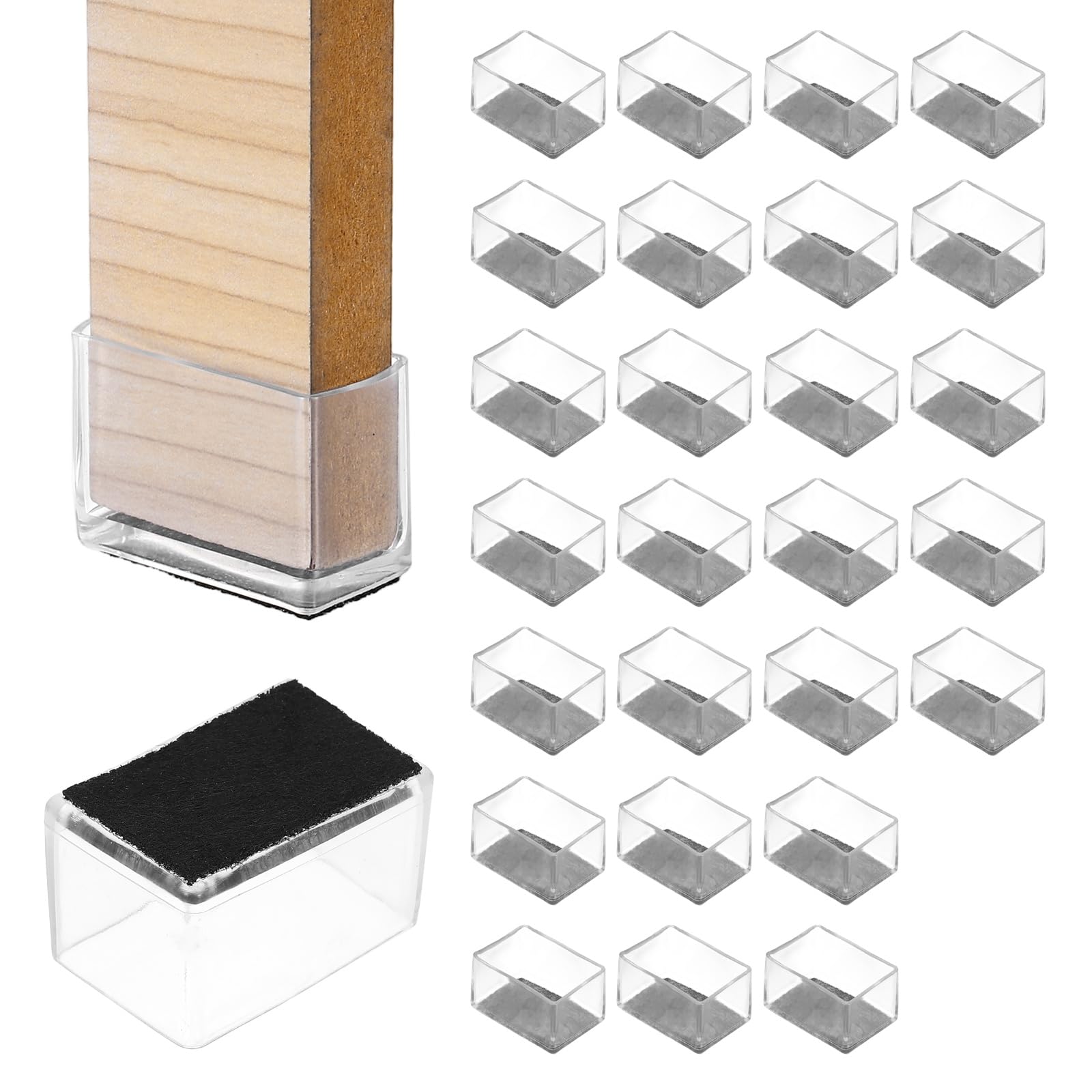 PATIKIL 28Pcs Rectangle Chair Leg Protectors 38x25mm PVC & Felt Furniture Chair Leg Cover Caps for Hardwood Floors Elastic Scratch Reduce Noise Covers Furniture Pads, Clear Black