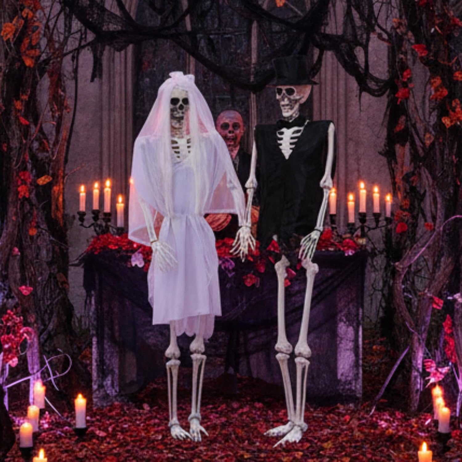 5.4 ft Halloween Skeleton Decorations Life Size Posable Bride Groom Skeleton with Costume Clothing Set and Movable Joints for Halloween Party Yard Outdoor Haunted House Prop Decor