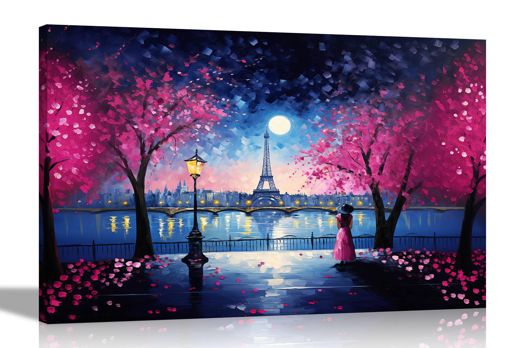 Artley Prints - Moonlight Eiffel Tower Pink Canvas Wall Art | Framed Pictures for Living Room, Bedroom | Modern Prints Artwork for Hanging 76 x 50cm (30 x 20 inches)