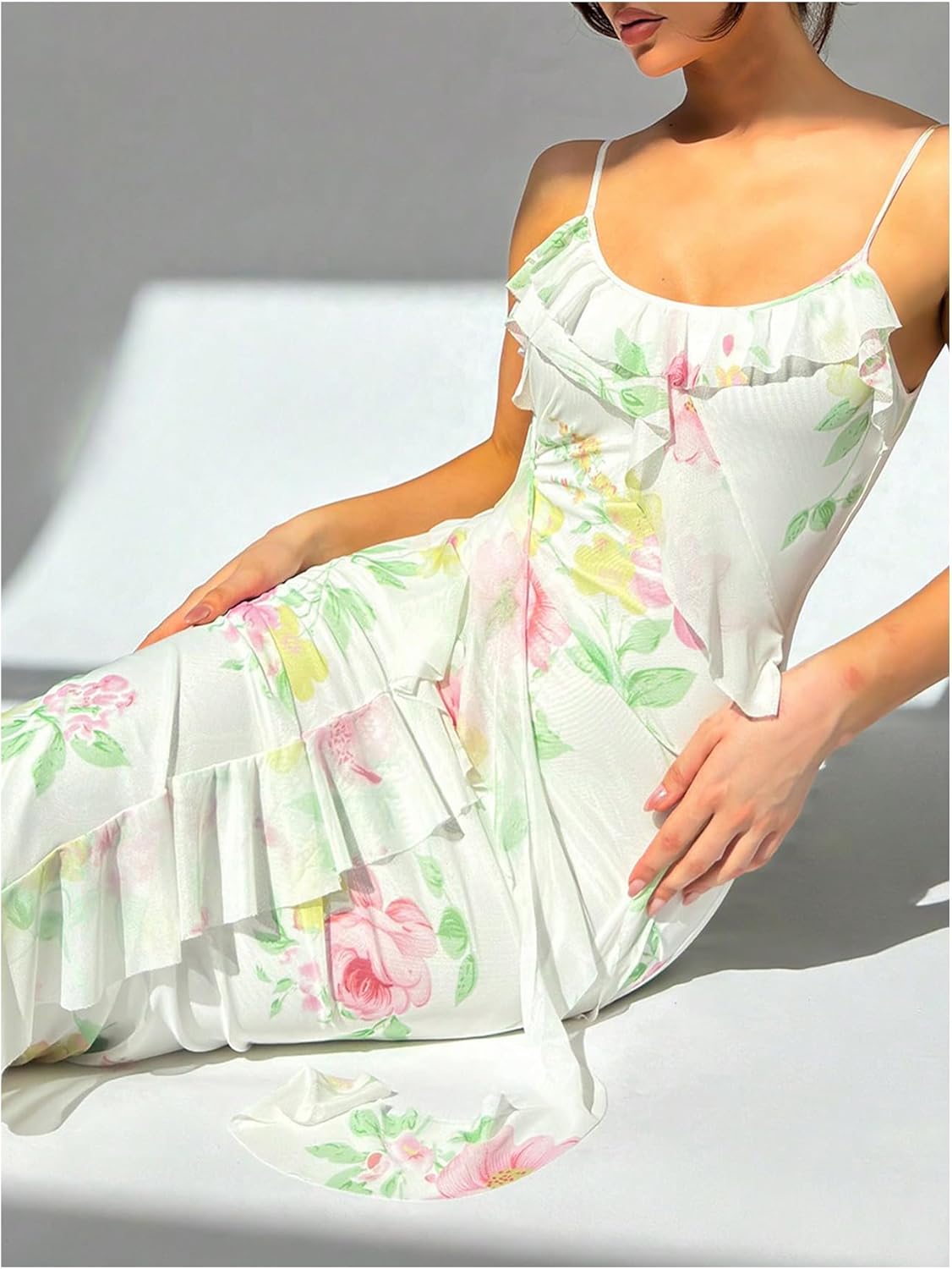 Milumia Women's Floral Mesh Ruffle Cami Dress Sexy Spaghetti Strap Bodycon Maxi Dresses - Image 5