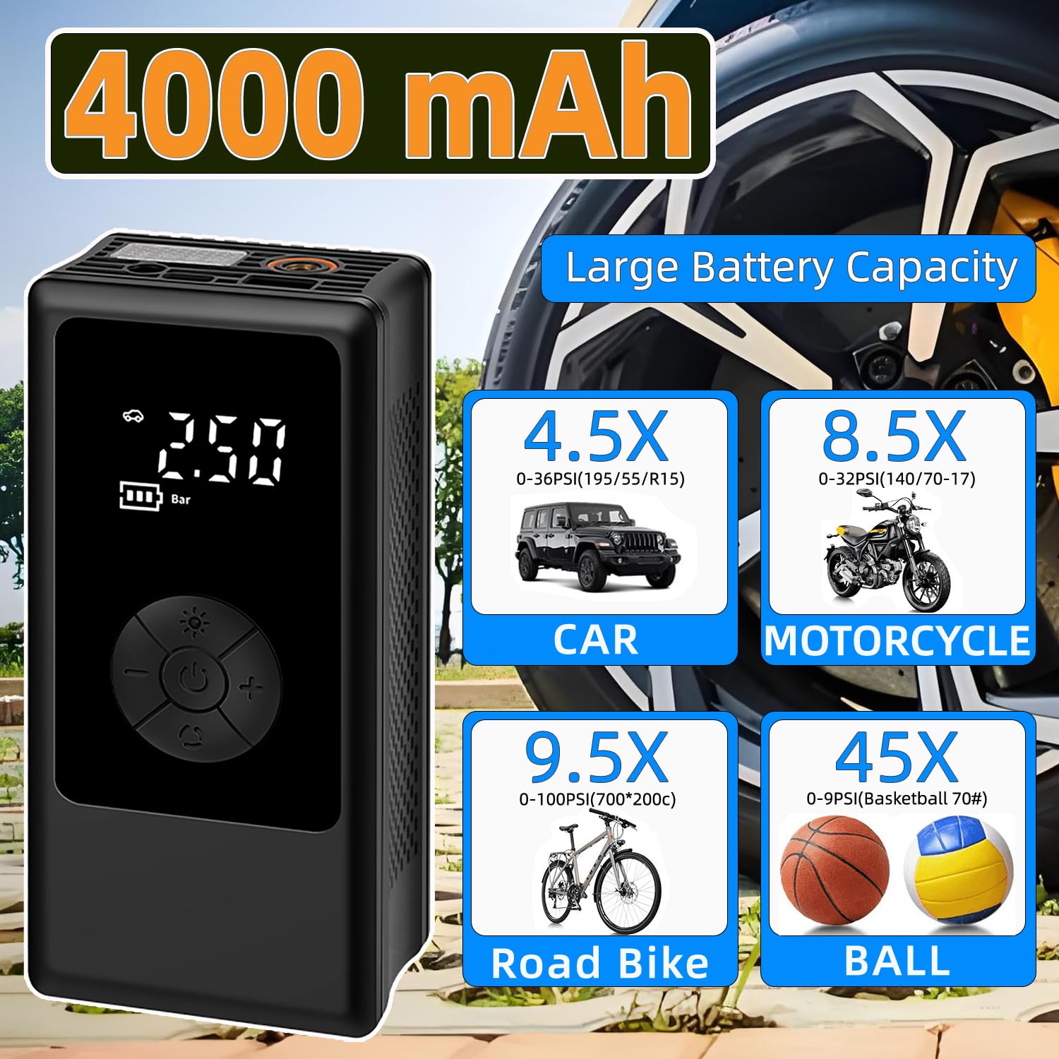 Reifenfüller, tragbarer Luftkompressor für Auto, Ball-Basketball-Pumpe für Sportbälle, Auto für Autoreifen, Fahrrad mit Messwert-Anzeige, 150 PSI Power-Batterie, Fahrradpumpe, kabellos