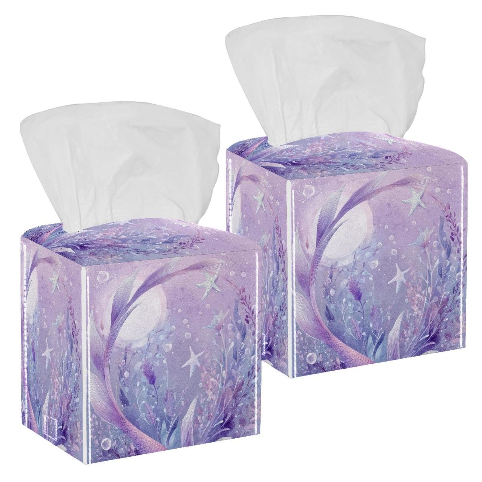 Mermaid Tail Tissue Box Cover, 2 Pack PU Leather Square Facial Tissue Dispenser Box holder for Home Office Car
