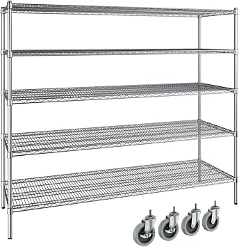 24" x 72" NSF Chrome 5-Shelf Kit with 72" Posts and 4" Casters, Commercial Storage Rack Unit, Heavy Duty Storage Shelving, Mobile Wire Shelving Kit, Adjustable Rack Strong Steel