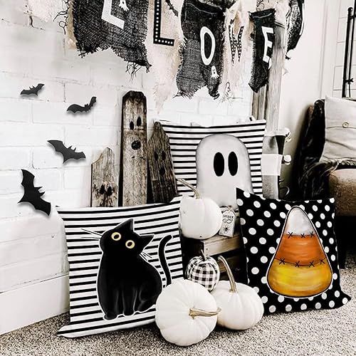Miniatura 9 de GEEORY Juego de 4 fundas de almohada de Halloween de 18 x 18 pulgadas, diseño de lunares, fantasma, gato negro, boo, eek, decoración de interiores