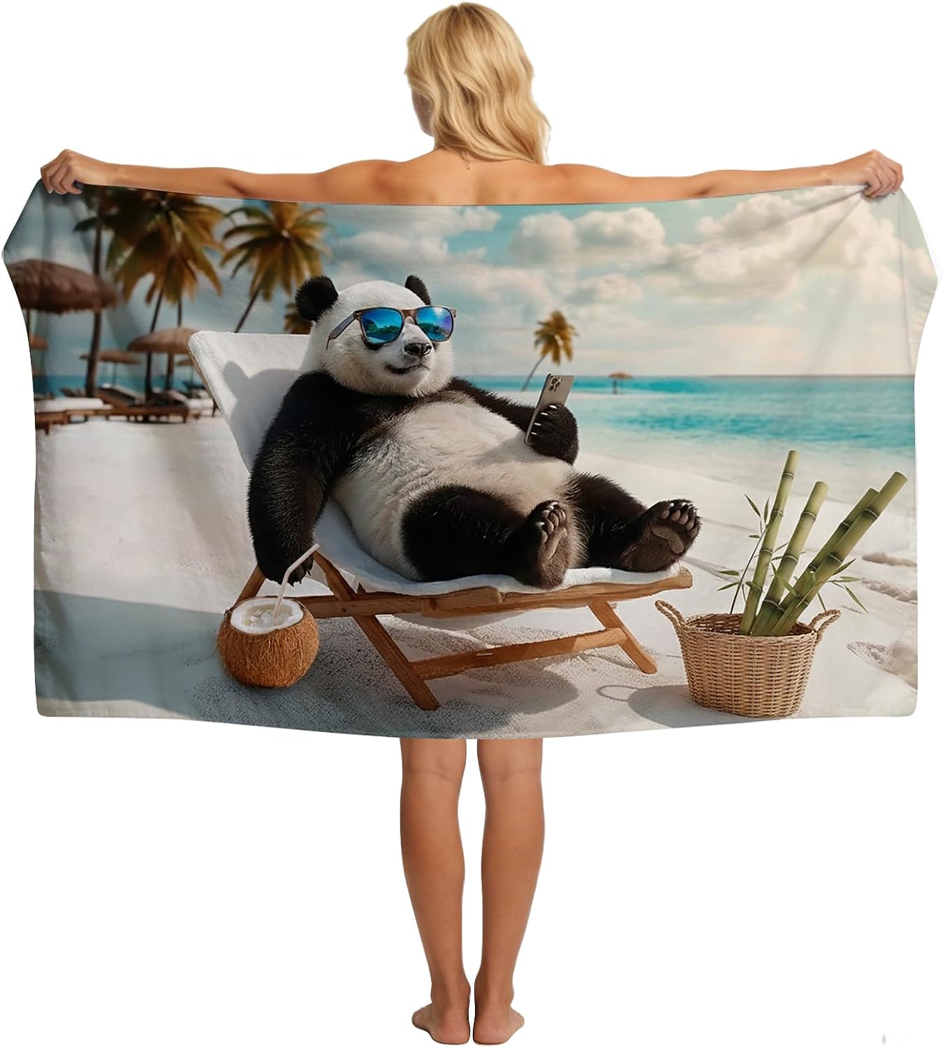 SARA NELL Funny Panda Beach Towel, Panda with Sunglasses Using Phone Print, Summer Pool Beach Towel for Vacation Travel, Lightweight Quick Dry, 32"x52"