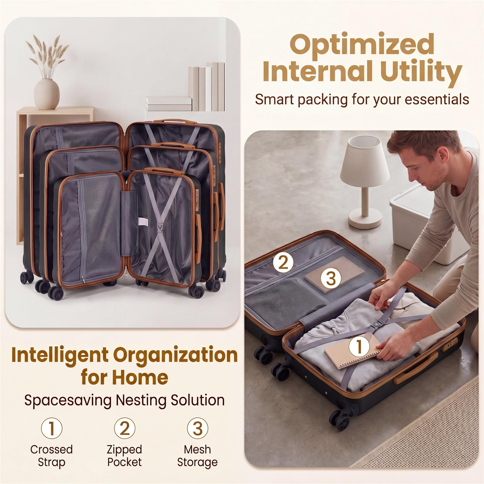 LIFEZEAL Set di Valigie da 5 Pezzi, Set Trolley da Cabina con 3 Valigie Rigide in ABS (28”/24”/20”), 1 Borsa da Viaggio e 1 Borsetta, Lucchetto a Codice, Ruote Girevoli e Manico Telescopico (Nero)