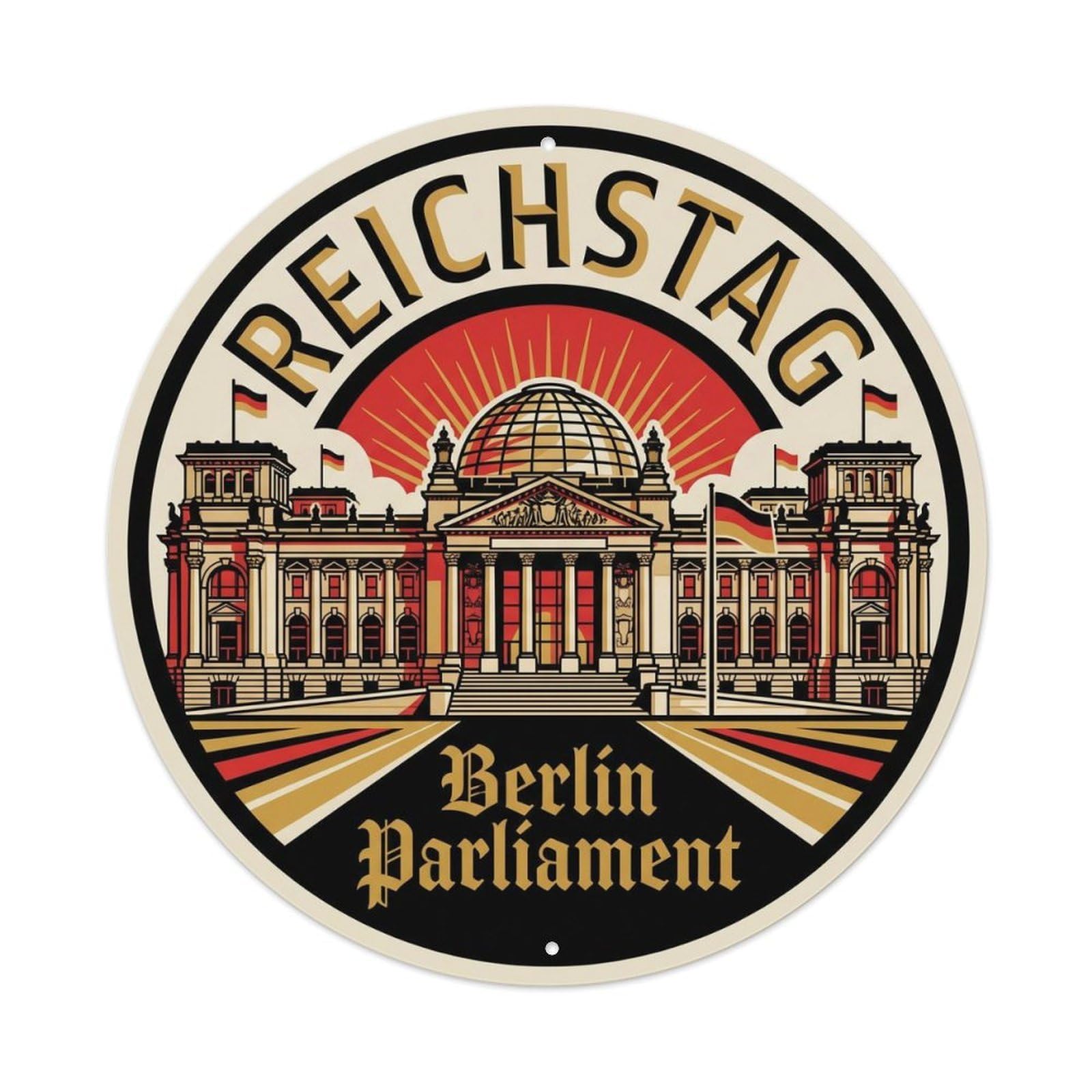 Vintage Travel Reichstag Berlin Dome Metal Tin Sign Plaque Wall Decor for Cafe, Club, Garden Round Metal Poster 8x8Inch