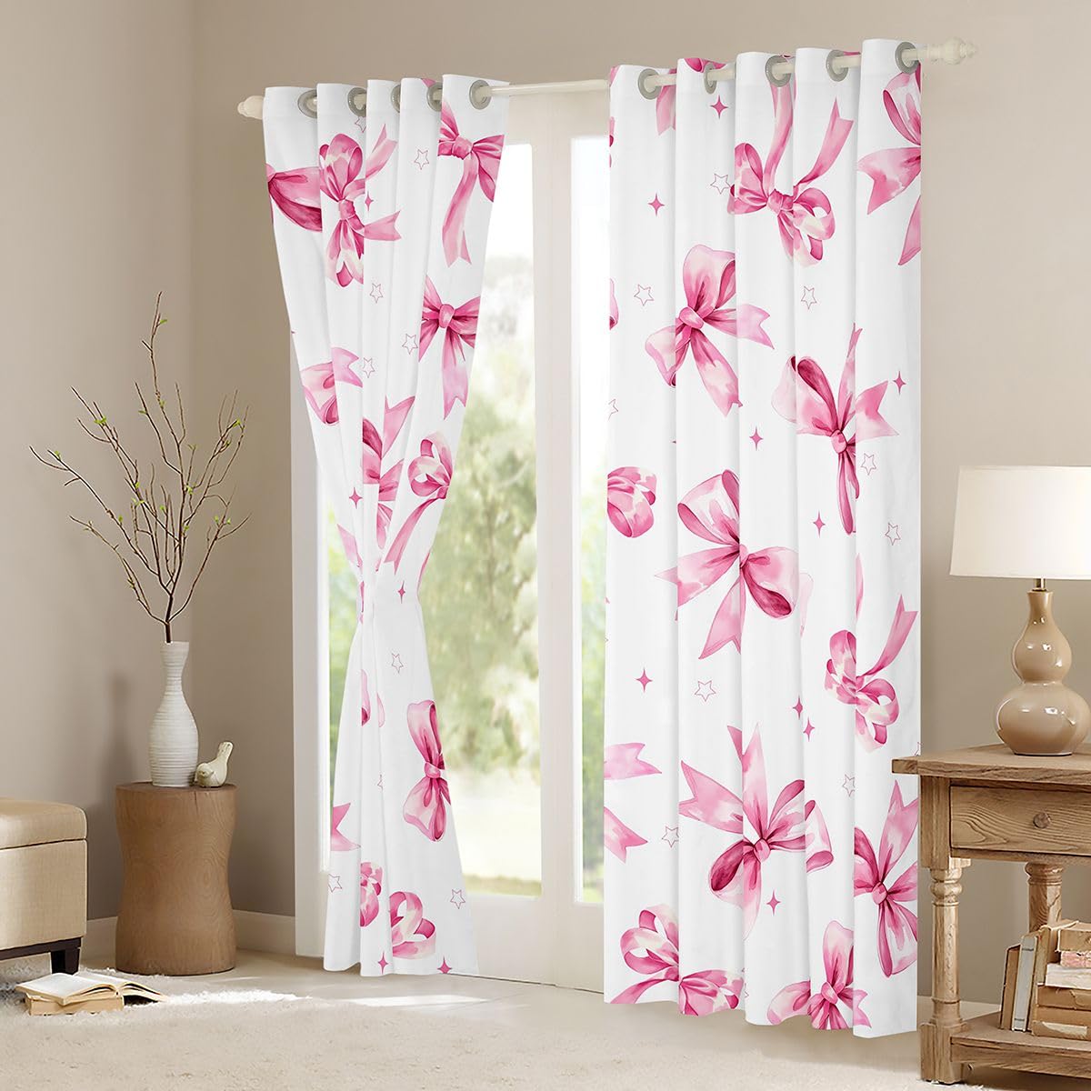 Homewish Akwarelowe zasłony zaciemniające z kokardą, 132 x 160 cm, do sypialni, różowa, urocza kokarda, , zasłony na przelotkach do salonu, kawaii, wzór w gwiazdki, kreskówka, 2 panele