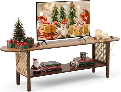 Vista 12 de Welnow - Soporte de TV de bambú para hasta 65 pulgadas, centro de entretenimiento moderno de mediados de siglo con estantes abiertos de 2 niveles