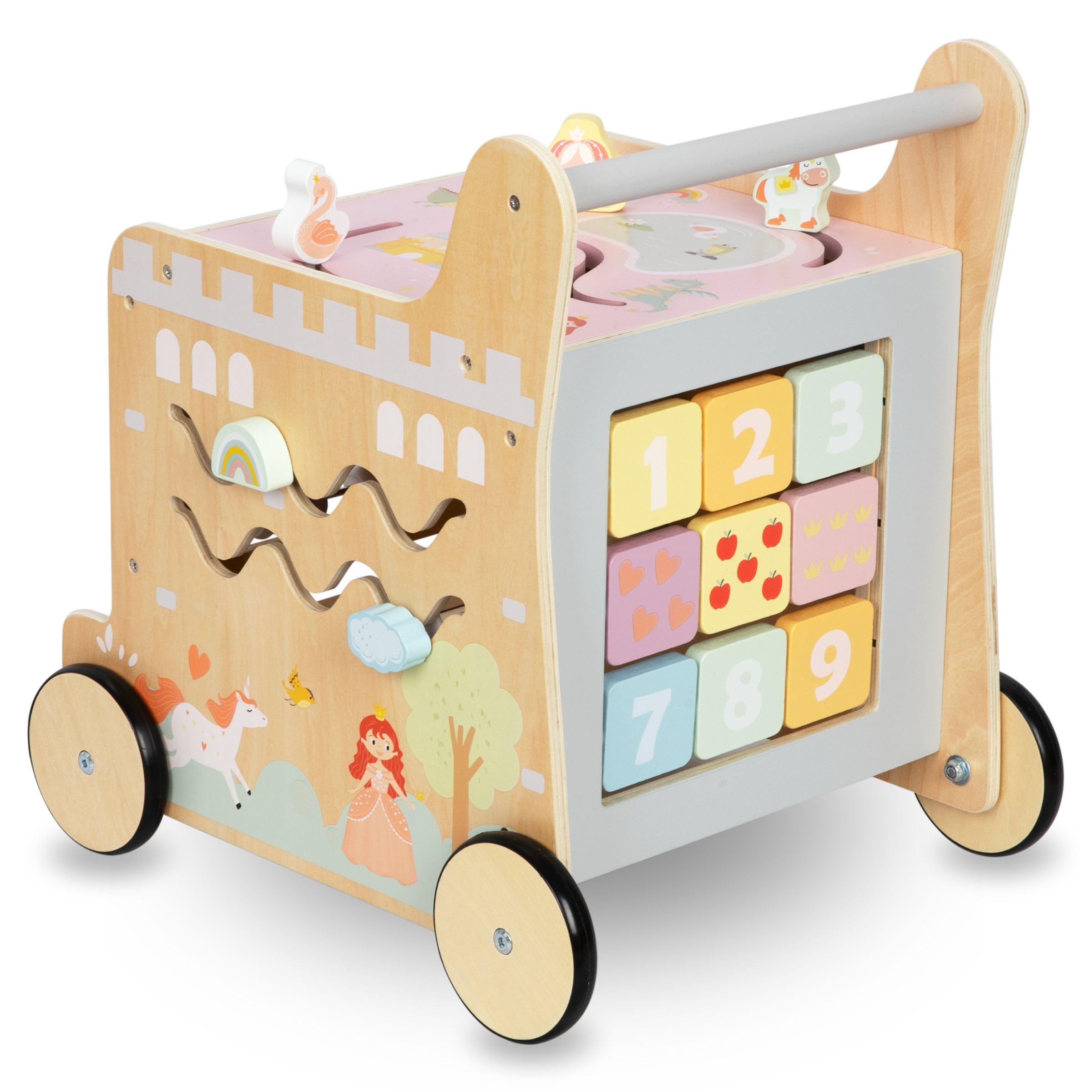 Mamabrum Girello in Legno per Bambini, Spingitore 2in1, Cubo Motore, Giocattolo per la Prima Educazione: Cavalcabile, Selezionatore, Labirinto, Abaco, Blocchi con Numeri, Cursore, Ruote Antiscivolo
