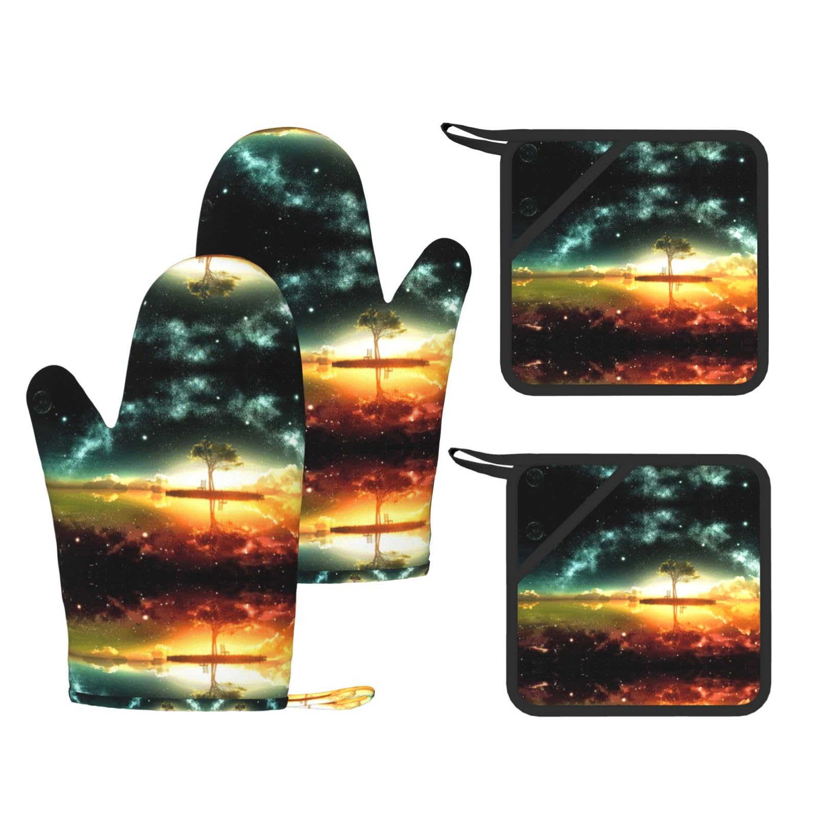 Anime Sky Trendy Printed Kitchen Set with Heat Resistant Gloves & Non-Slip Hot Pads for Baking & Grilling