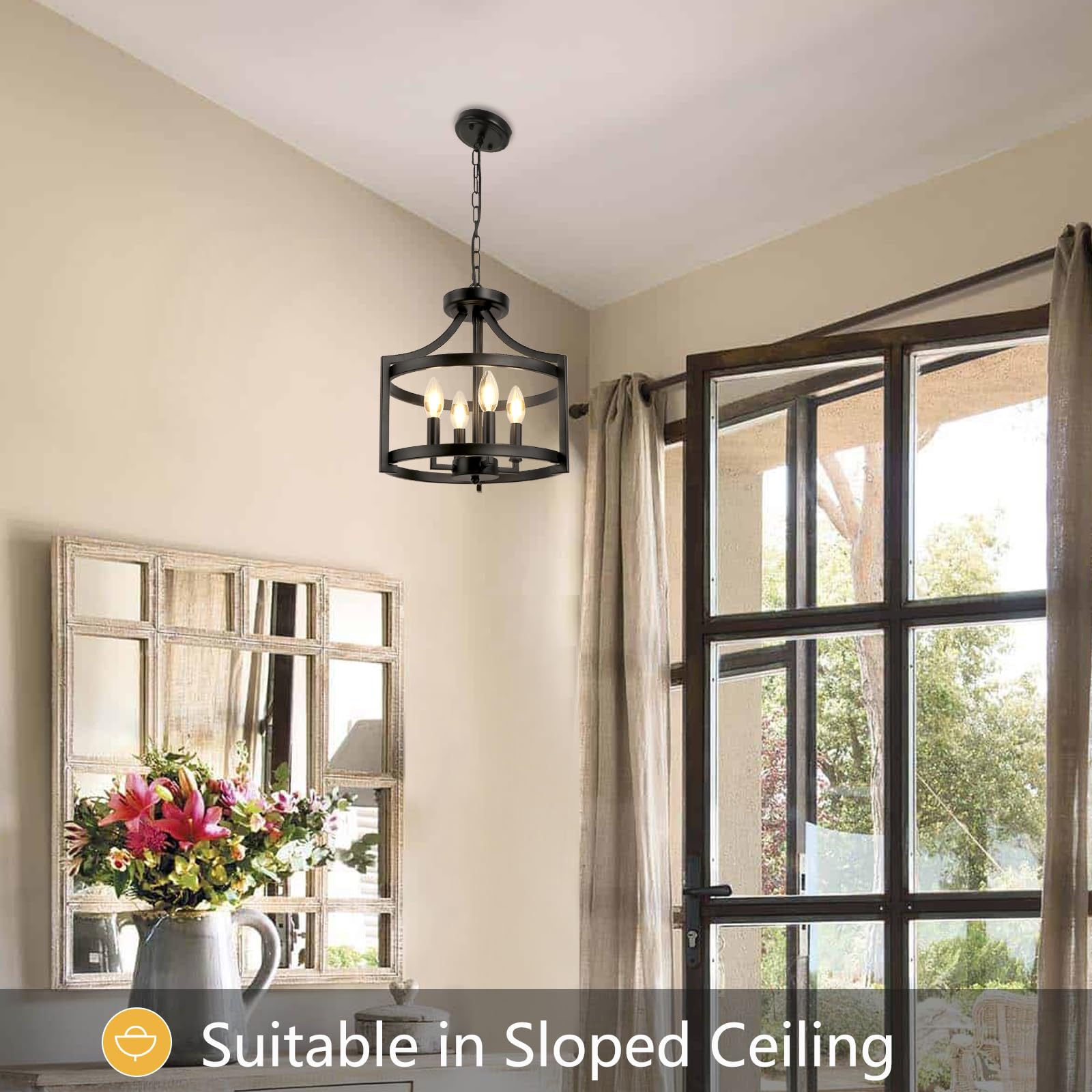 Kronleuchter Modern Schwarz Umwandelbare Landhaus Deckenlampe Wohnzimmer, 4 Lichter Rustikal Vintage Hängelampe Schlafzimmer, Höhenverstellbare Bauernhaus Pendelleuchte Deckenleuchte Flur