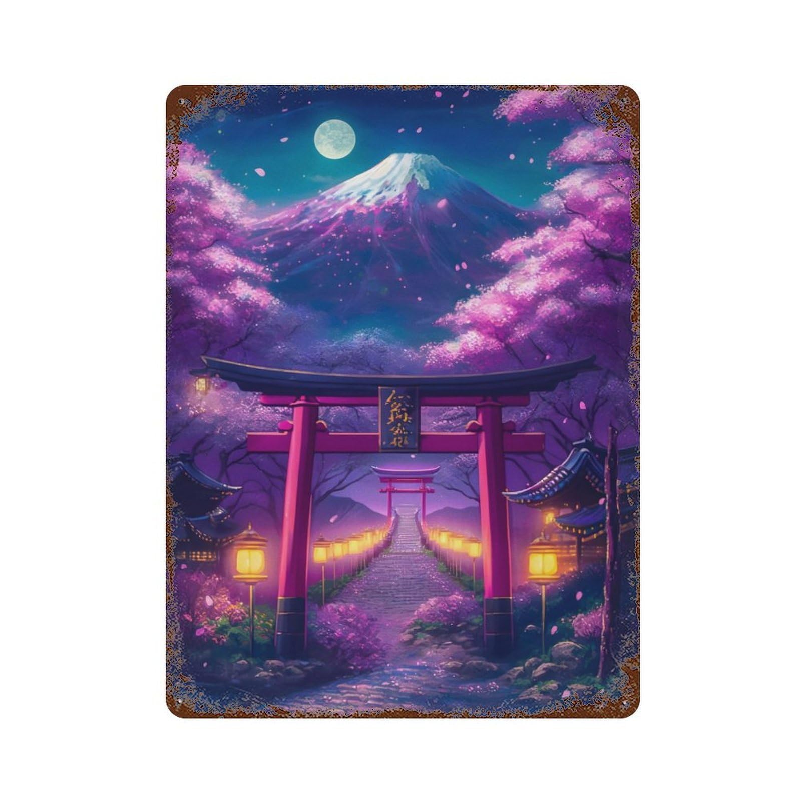 Spring Night Torii Gate 15.7"x11.8" Vintage Rust Metal Sign, Shabby Chic Decor for Garage, Bar And Workshop Decor