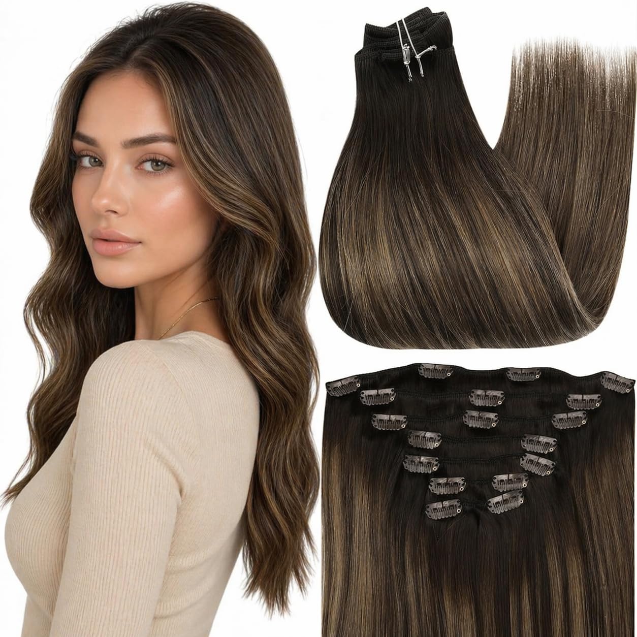 Fshine Clip in Hair Extensions Human Hair, 1B Natural Black, 10 Inch, 95G, 7 Pcs, Double Weft Real Remy Brazilian Hair, Add Volume for Bob Hair, Thick Asian Hair, Short Hair Topper, Easy Clip Glueless — view 10