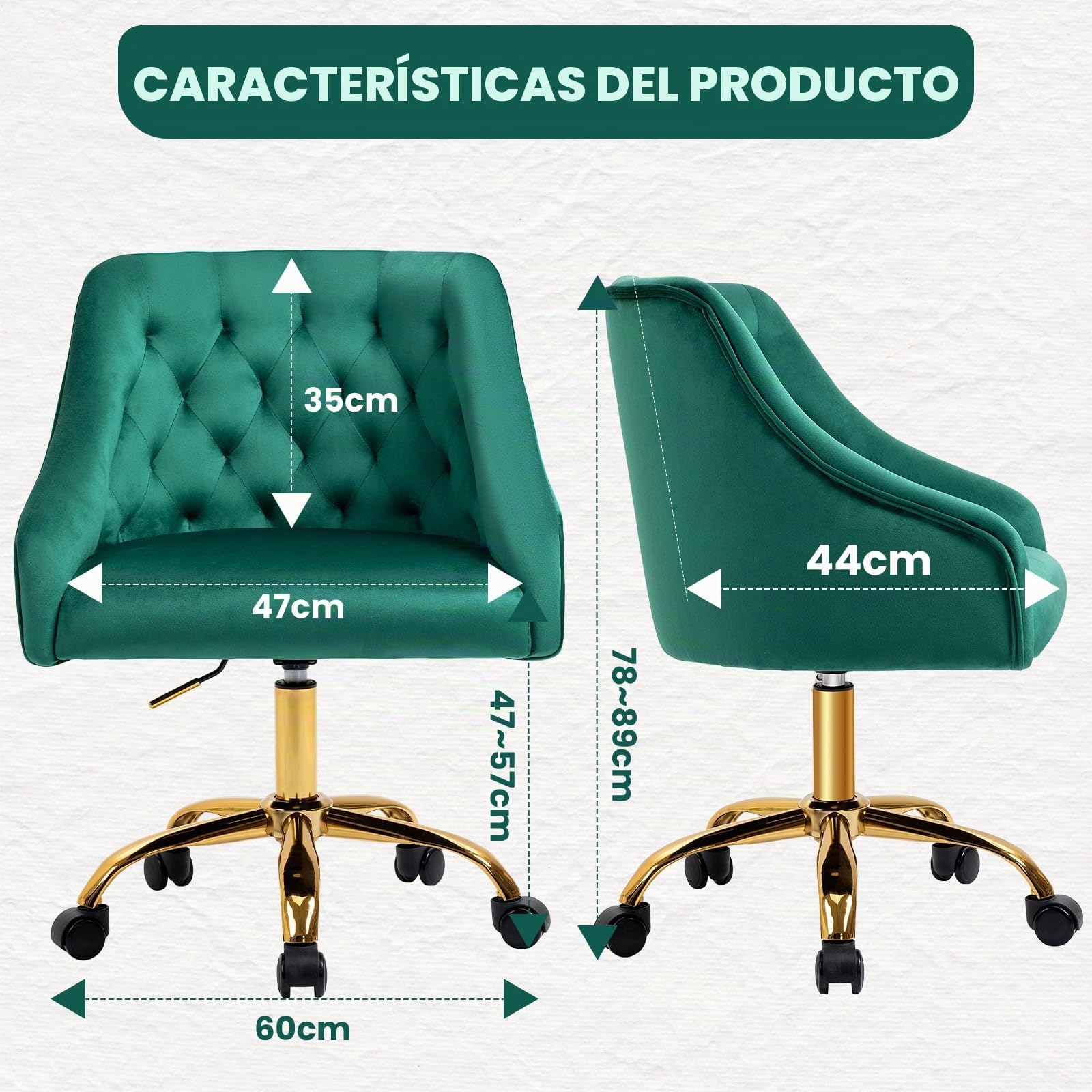 Silla Escritorio, Silla tocador con Ruedas, Altura Regulable y cojín Grueso, Patas Doradas, Ideal para Oficina y tocador, Terciopelo Verde