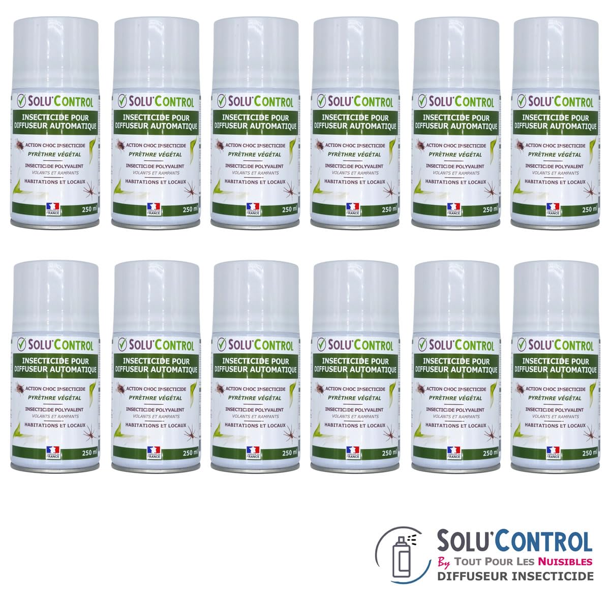 12 Aérosols Insecticide 250 ml au Pyrèthre Végétal - Compatible Diffuseur Automatique - Action Choc Contre Volants et Rampants