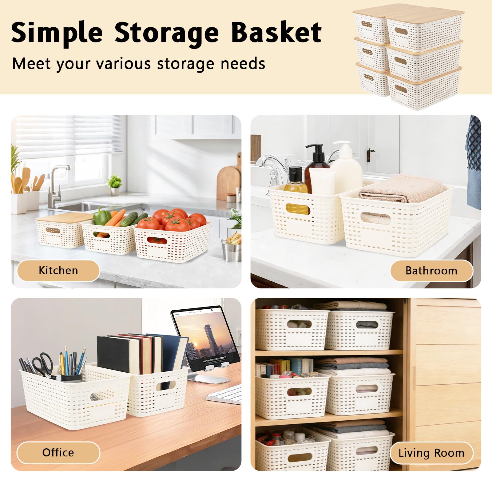 GAESHOW Juego de 6 cestas de almacenamiento de plástico con tapa de bambú, cajas de almacenamiento con asas, apilables para ahorrar espacio, color blanco, para baño, cocina, oficina y armarios