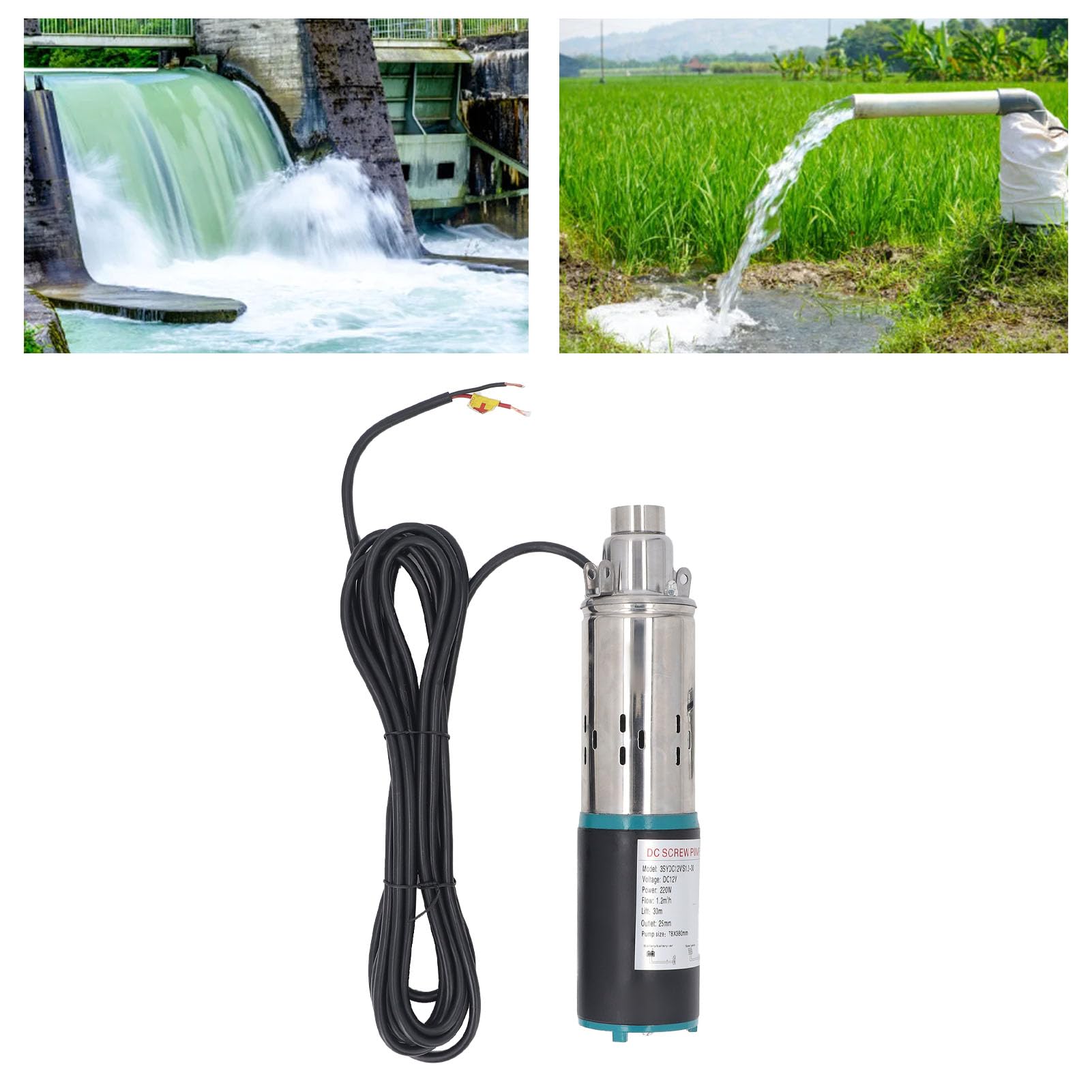 YWBL-WH Bomba de Tornillo de Corriente Directa de 12V, Bomba Sumergible de Pozo Profundo de Acero Inoxidable, Caudal de Cabeza de 30m para de Energía Solar de Depósito de Agua