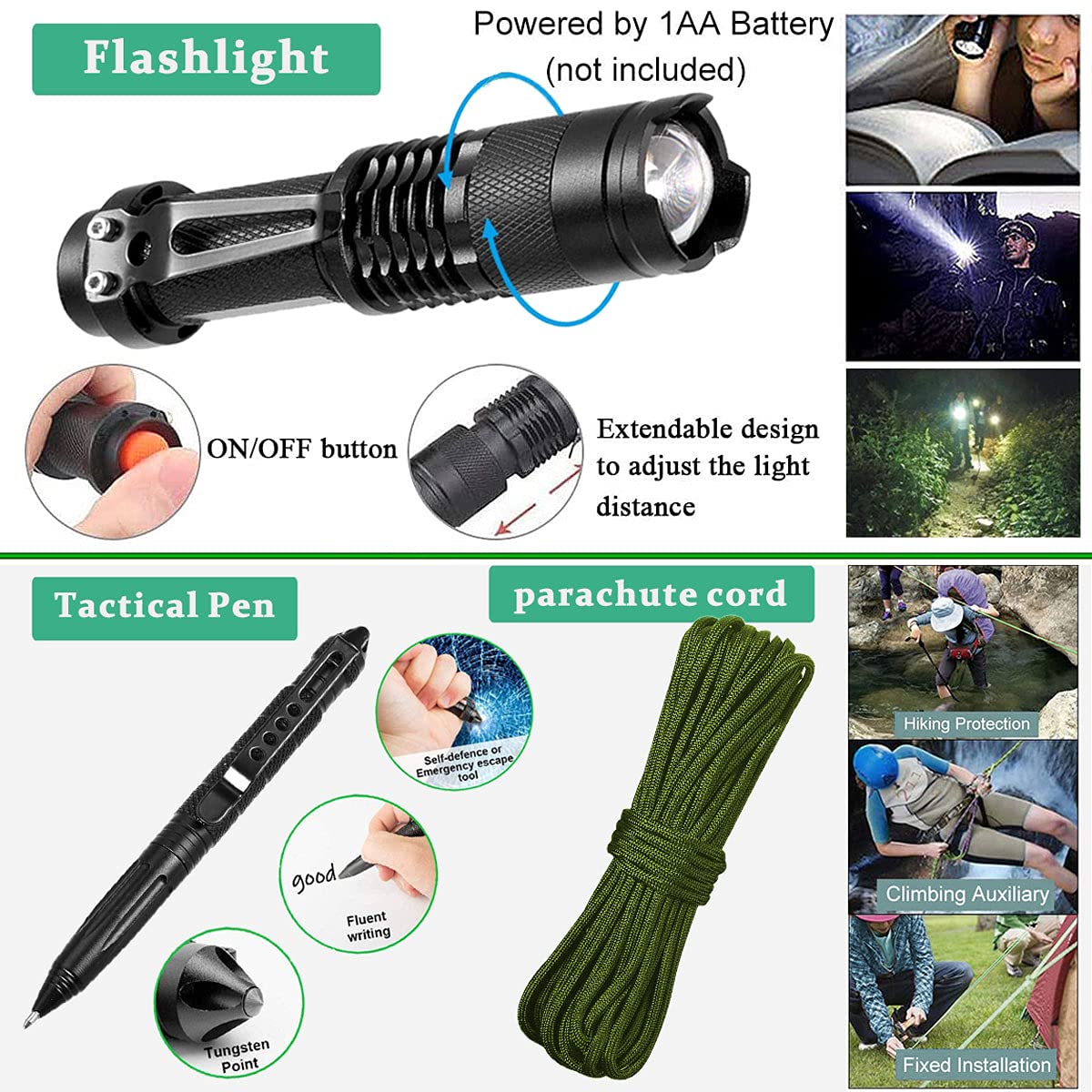 Kit de Supervivencia 15 en 1, Multifuncional Bolsa de Supervivencia de Emergencia para Viajar Caminar Acampar al Aire