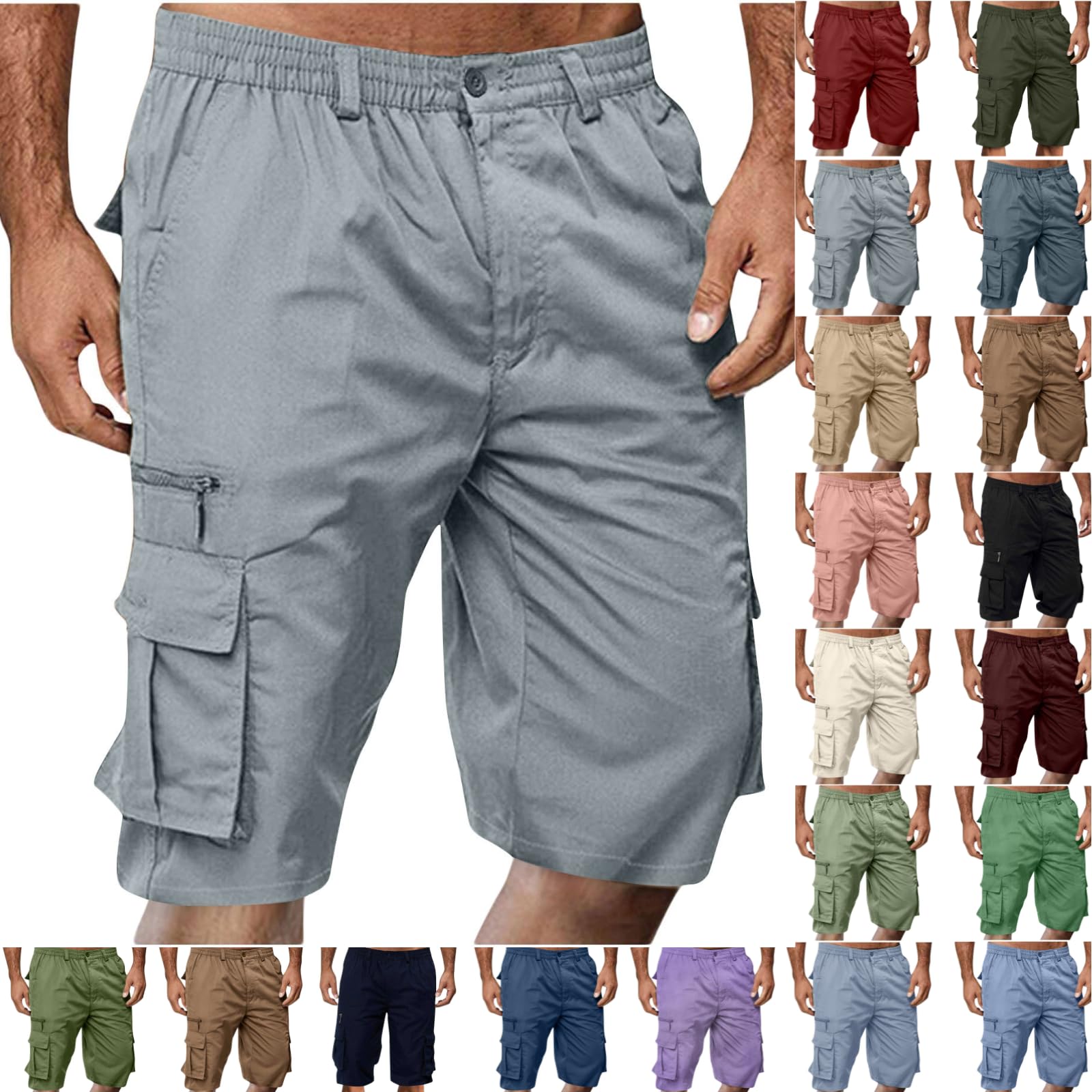 Cargo Shorts for Men,Summer Casual Elastic Waist Big Tall Baggy Shorts Lightweight Hiking Short with Multi Pockets