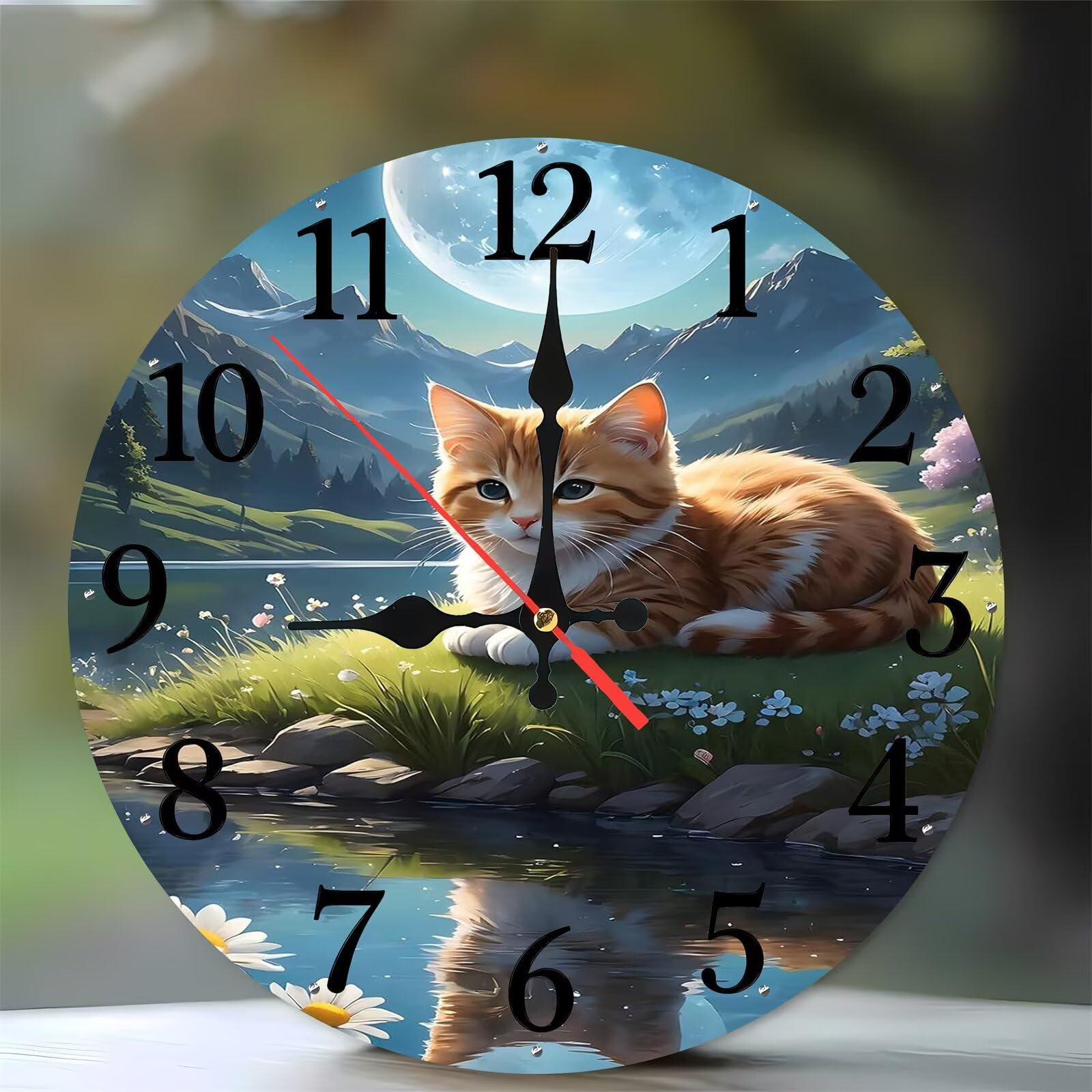Horloge murale moderne en bois silencieuse de 35 cm motif chat pour salon et cuisine
