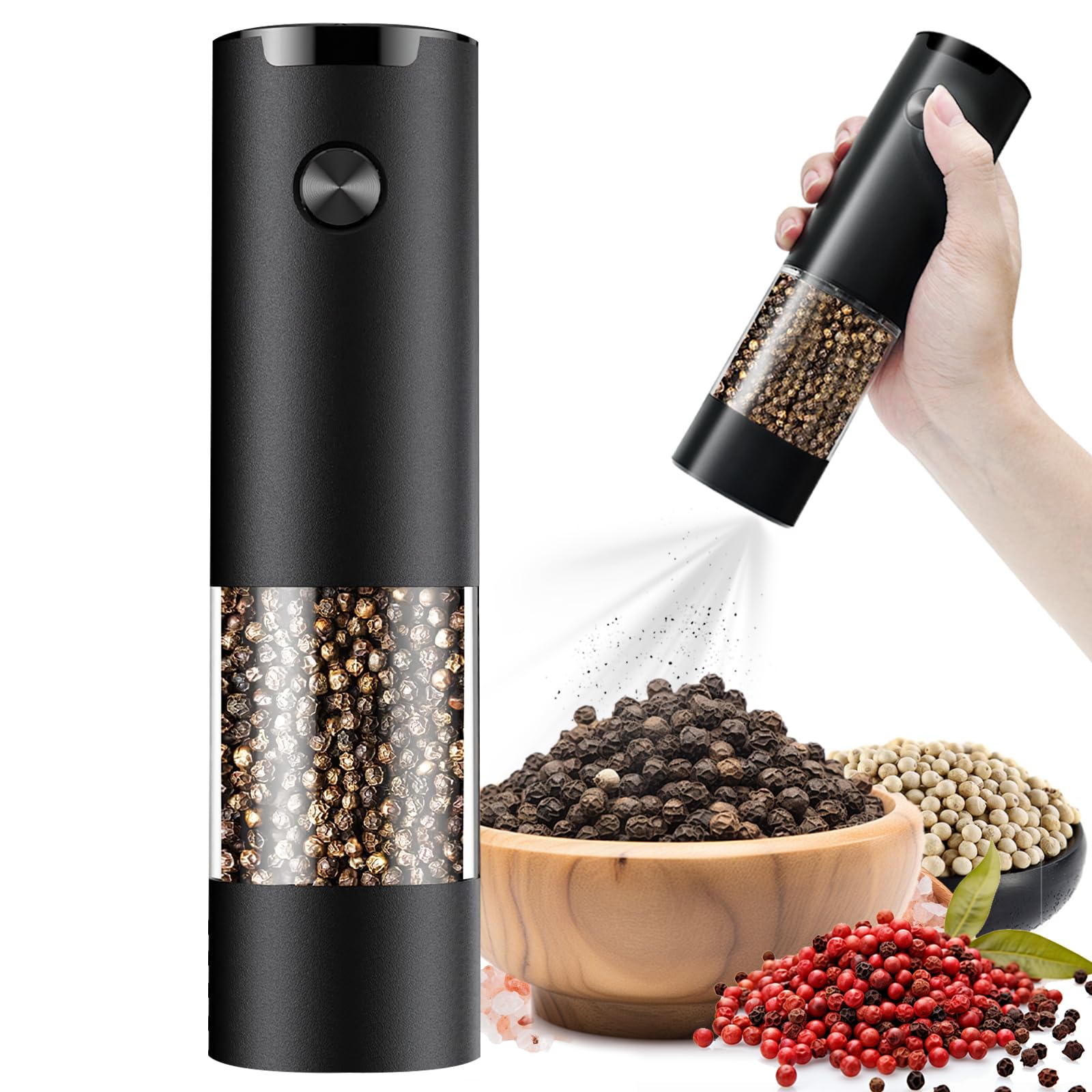 JIDSPWLS Electric Pepper or Salt Grinder,Adjustable Coarseness Salt & Pepper Mill,With LED Light,Easy to Clean,Battery Powered,One Handed Operation,