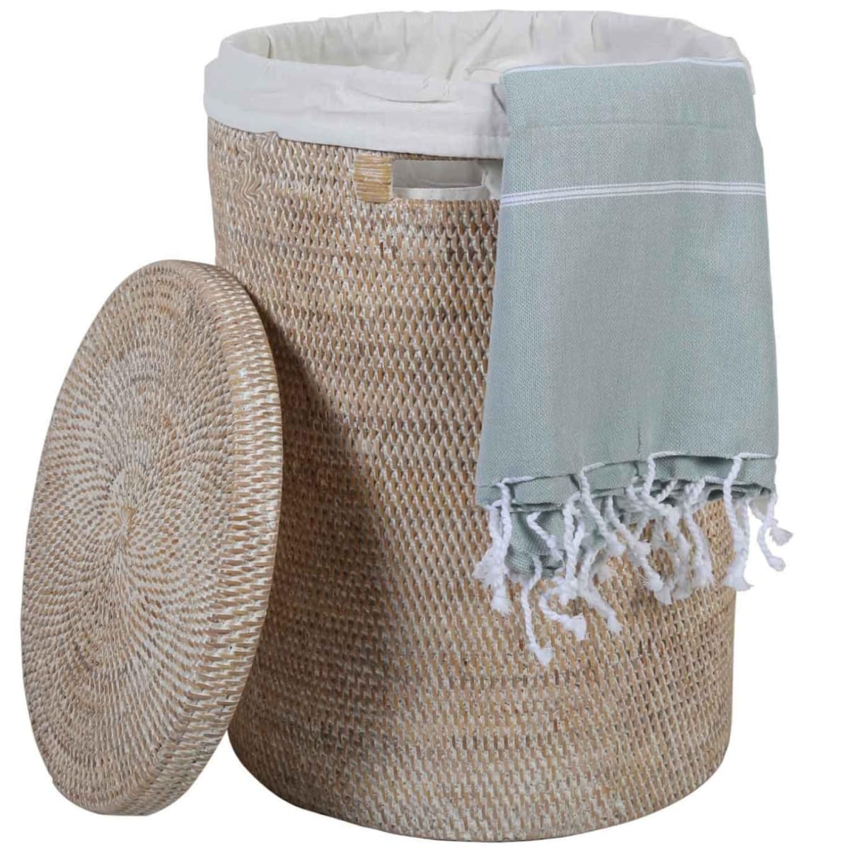 Wäschekorb Rattan Cleo Weiß Wäschsammler Wäschebox Aufbewahrung rund mit Deckel und Innensack Ø35 cm x Höhe 50 cm Größe L