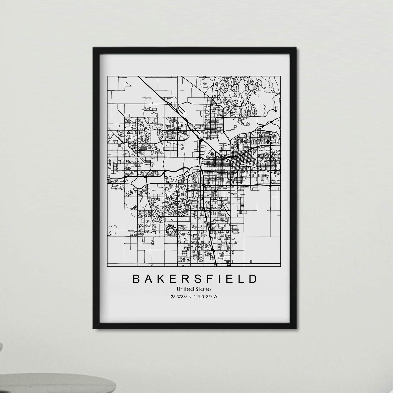 Nacnic Poster with map of Bakersfield. US film with images of maps and roads of major US cities. A3 size