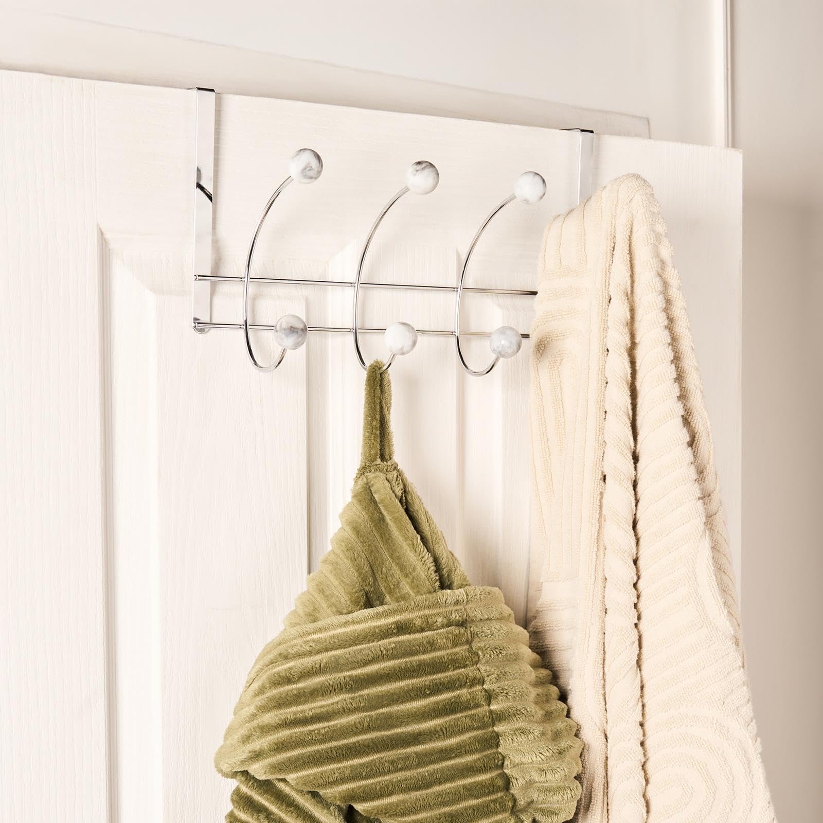 Ohs White Marble Over The Door Hooks, Heavy Duty Over Door Hanger With 8 Metal Hooks Towel Rack For Bathroom Coat Hooks Storage For Coats Hats Bags Clothes,