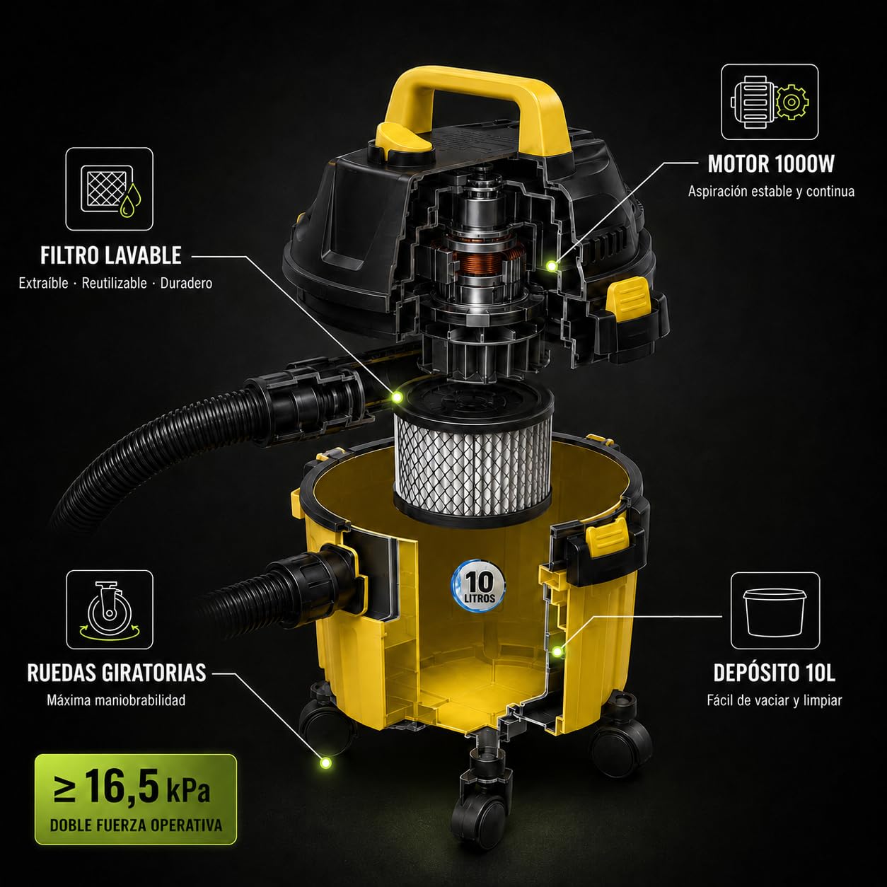 KOMBO – Aspirador de Sólidos y Líquidos 3 en 1 con Función Sopladora, Motor 1000W, Depósito 10 litros, Filtro Lavable – Aspiradora Multiuso para Casa, Garaje y Taller
