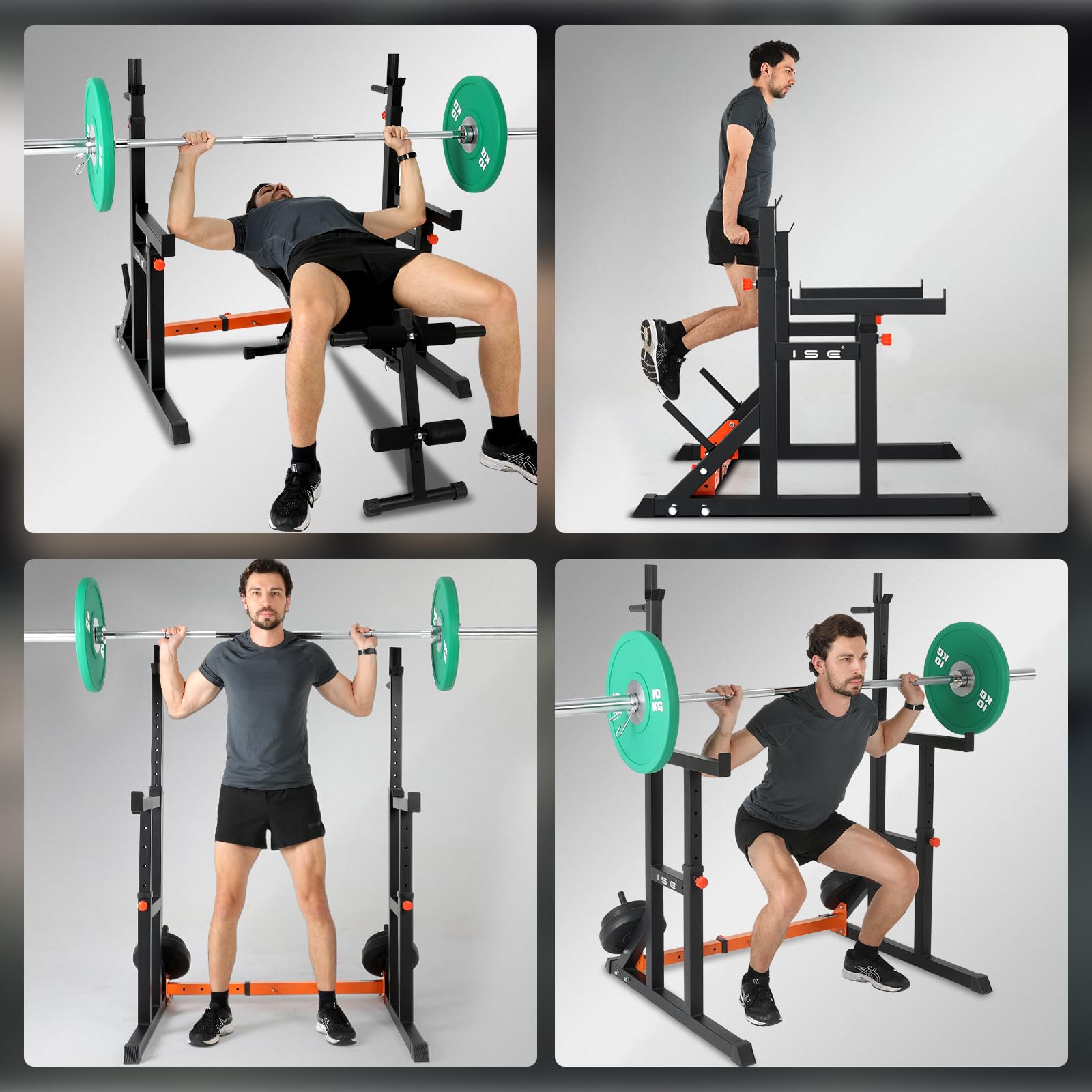 ISE Support Barre de Musculation Multifonction, Rack Squat avec Barres pour Haltères, Cage de Musculation en Acier, Rack Musculation Hauteur et Largeur Réglable, Cage Squat, Home Gym Noir et Rouge