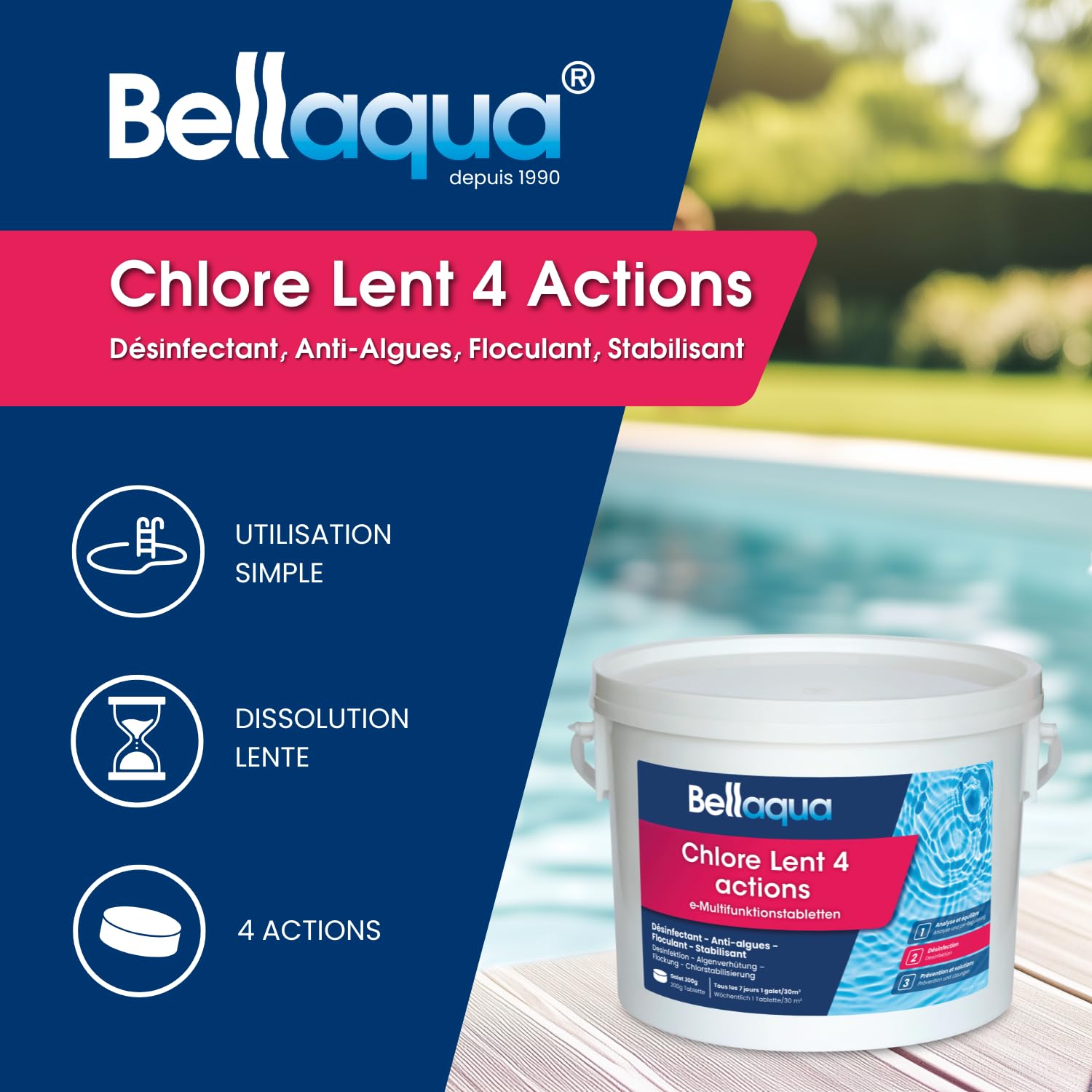 Bellaqua Chlore Lent Multifonction Piscine 3 kg - Galets de Chlores 200g - Traitement Complet Piscine - Désinfection, Anti-Algues, Floculant, Protection du Chlore