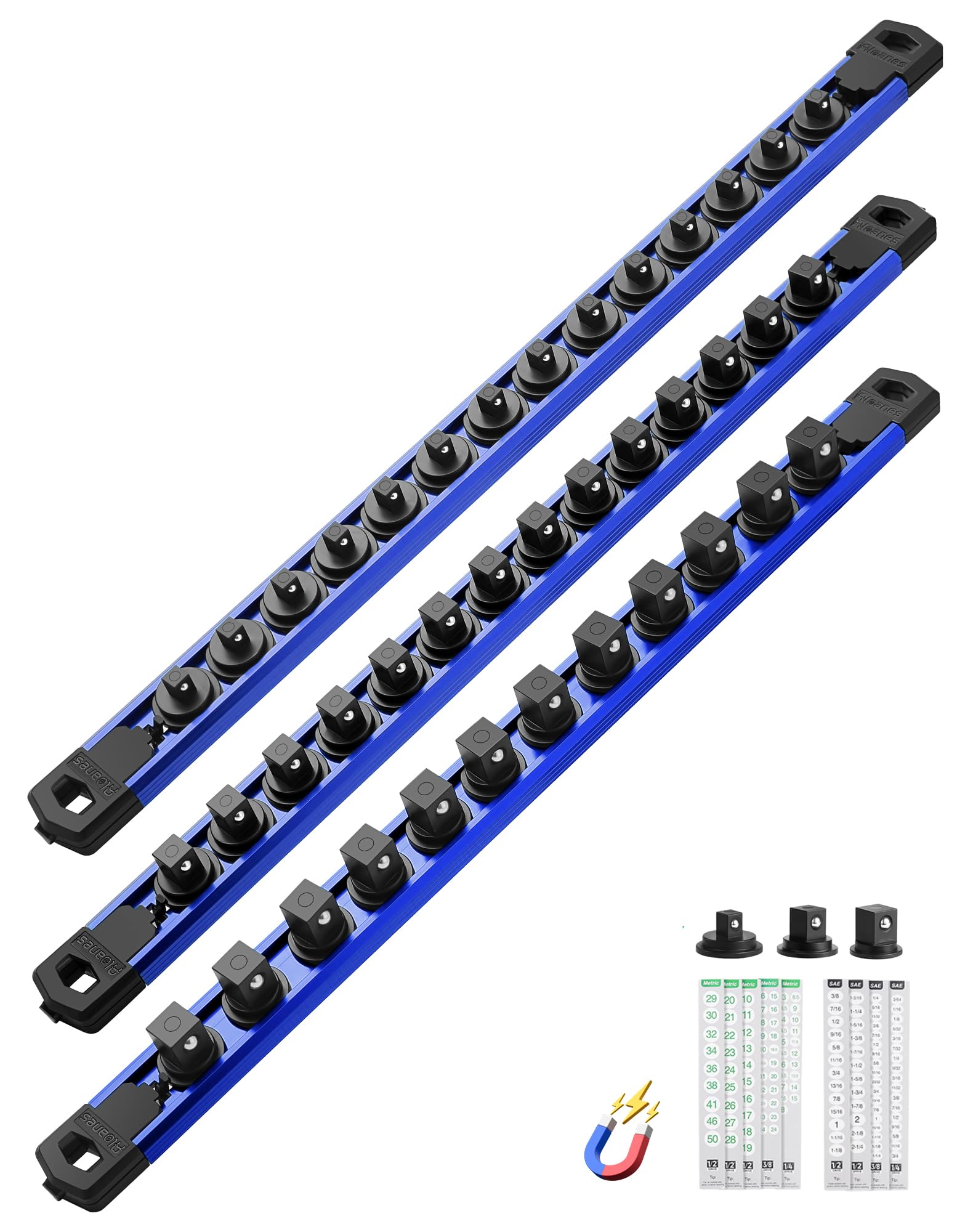 ALOANES Magnetic Socket Organizer, 1/2,3/8,1/4" Rails 40 Clips (Blue, 3PC)