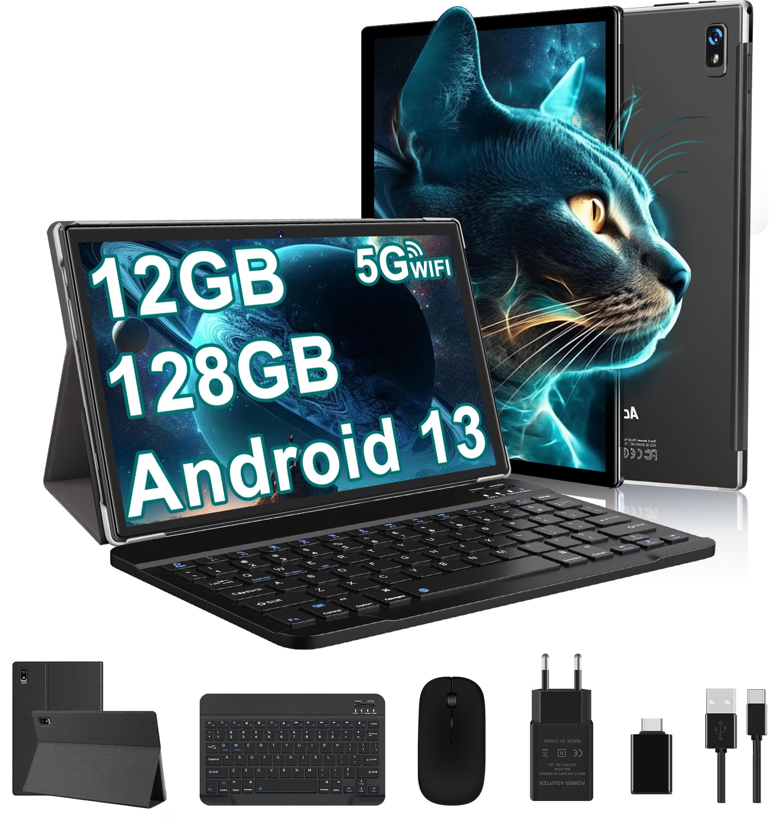 fezawio Tablet 10 Pollici Android 13, Octa Core 2.0GHz ，12GB（6+6） RAM +128GB ROM（TF 512GB）, Con 5G WiFi，8000mAh, 5+8MP，Tablet Con Tastiera E Mouse - Nero