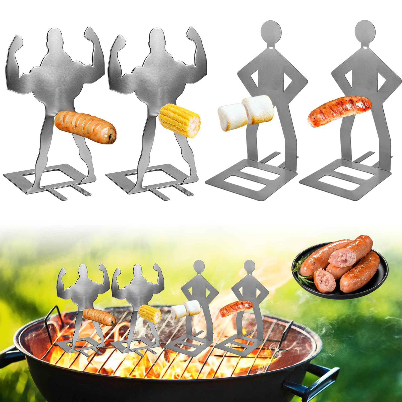 4PCS Funny Hot Dog Holders, Stainless Steel BBQ Sausage Holder Stand, Novelty BBQ Grill Gadgets Gifts for Men Dad Husband, Camping Outdoor Barbecue Rack