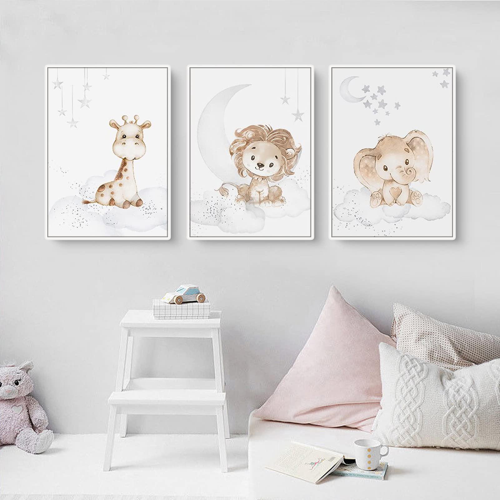 EXQUELEG Juego de 3 pósteres infantiles, diseño de conejo y jirafa, imágenes decorativas sin marco, motivos de animales