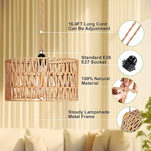 Miniatura 3 de Lámparas Colgantes de Ratán Luz Colgante Luces Colgantes Cable de 16.4 pies con Enchufe Lámpara Colgante que se Enchufa a Toma de Pared Iluminación