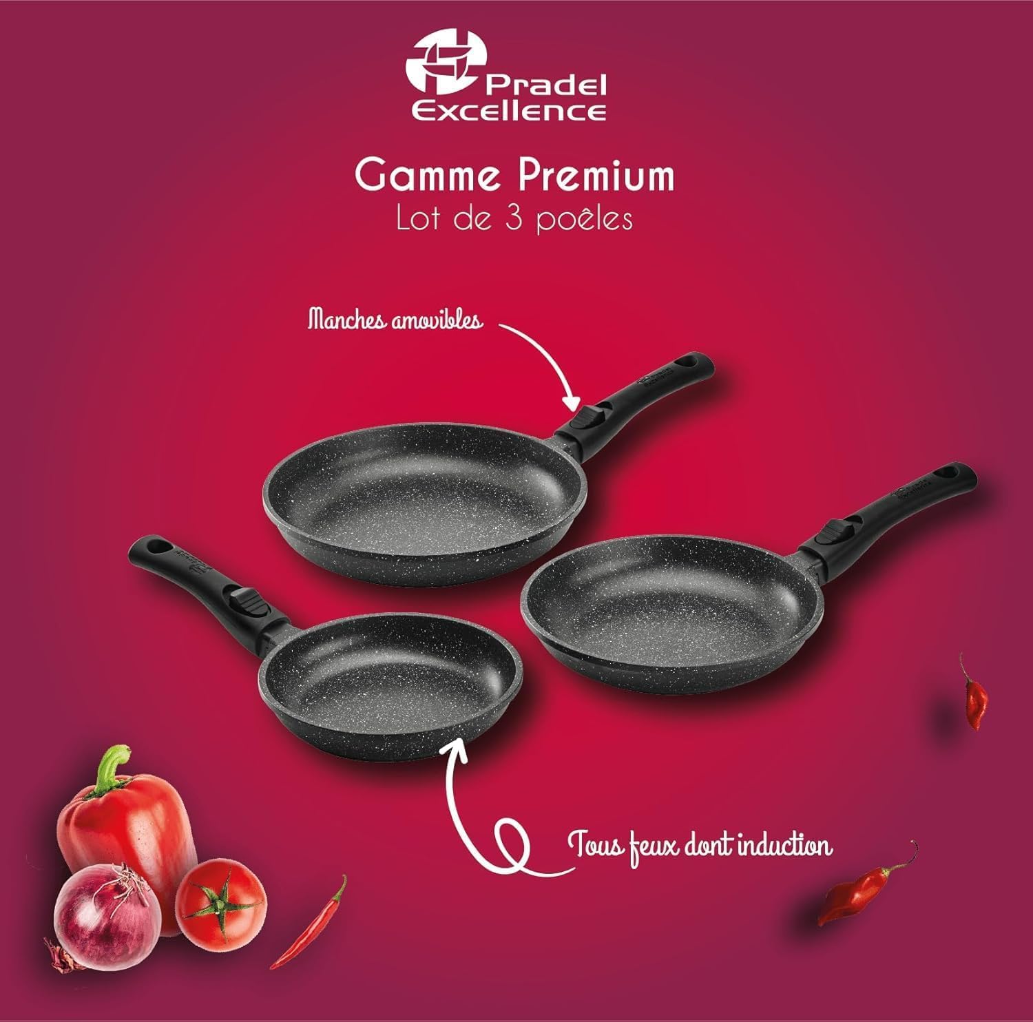 Pradel Excellence - PCUI001032 - Lot de 3 Poêles en Fonte d'Aluminium Premium Ø20,24,28cm - Revêtement Anti-Adhésif Façon Pierre - Manches Amovibles - Tout Feu, Noir