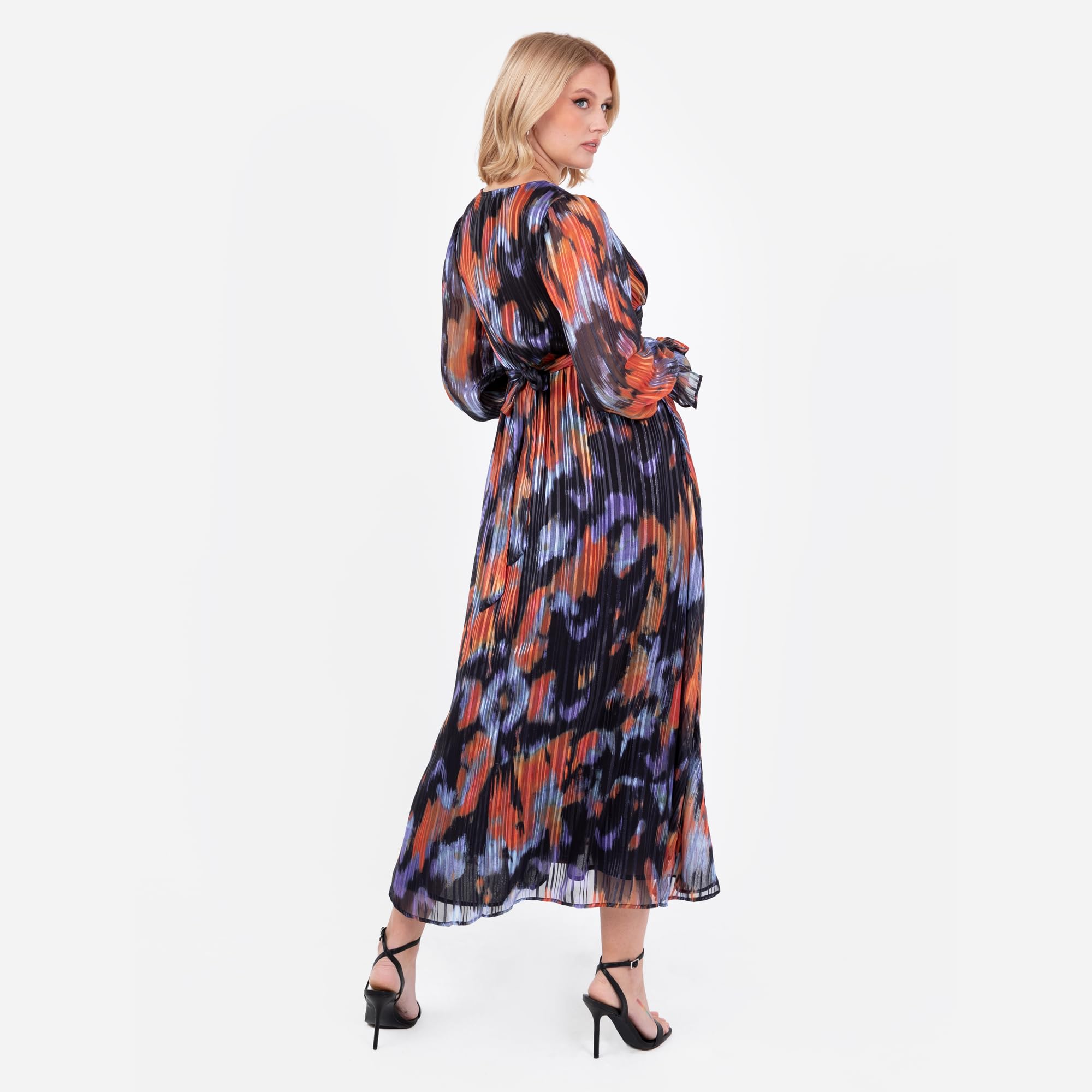 Lovedrobe Women's Midaxi Dress Ladies Ankle-Length Long Sleeve V-Neck Faux-Wrap Front Tie Belt Abstract Print A-Line Evening Party