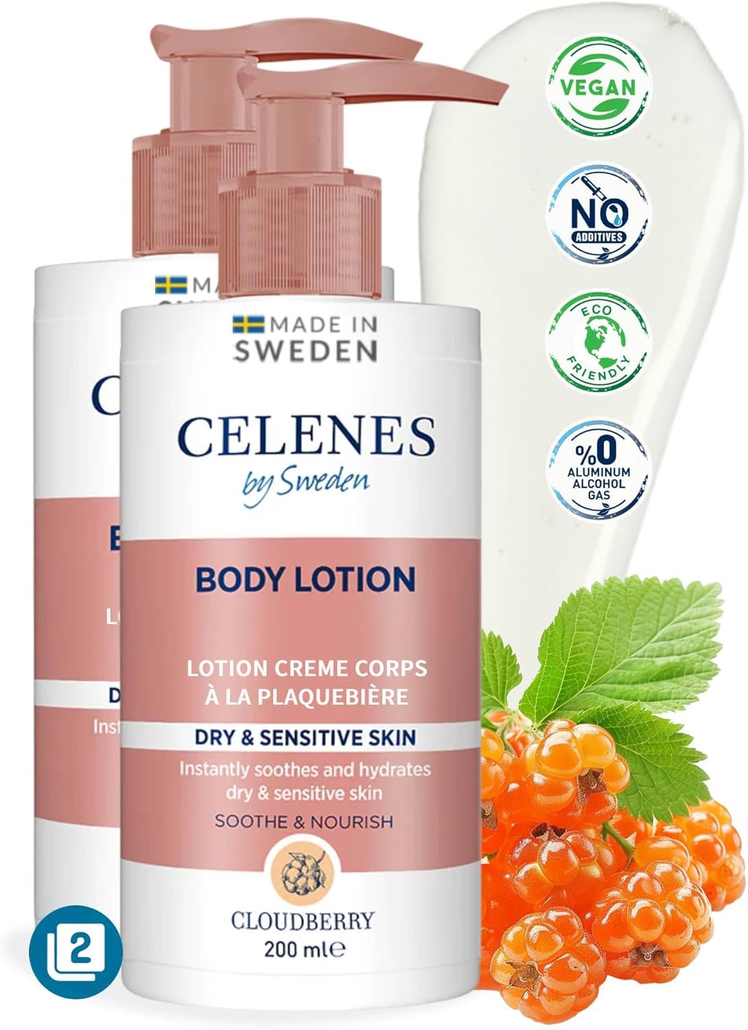 Celenes by Sweden Cloudberry Body Lotion 200 ml (2-PACK) – Hydrateert & Voedt – Geschikt voor Droge & Gevoelige Huid – Zonder Parabenen, Parfum & Alcohol
