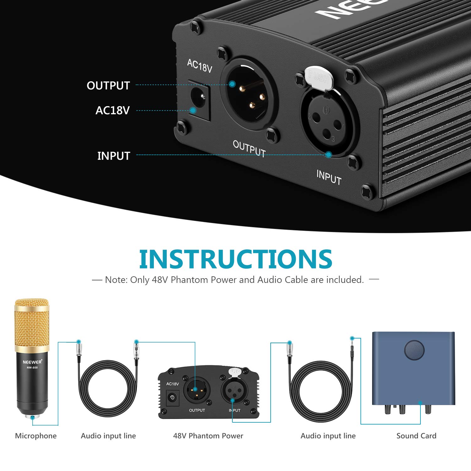 Neewer 1- Canal 48V Alimentation Fantôme Noir avec Adaptateur et un XLR Câble Audio pour Tous Microphones à Condensateur Musique Dispositifs d'Enregistrement